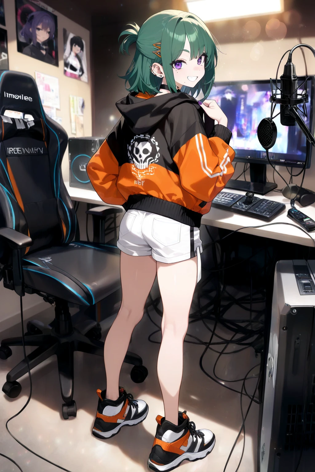 (best quality,4k,8k,highres,masterpiece:1.2),ultra-detailed,(realistic,photorealistic,photo-realistic:1.37),HDR,UHD,studio lighting,ultra-fine painting,sharp focus,physically-based rendering,extreme detail description,professional,vivid colors,bokeh, portraits
Inside the room, gaming room, gaming pc, one 18-aged girl, blonde short hair colored mixed blue hair, sitting on the chair, hugging her legs,wearing glasses,grin, smile,natural-make-up,cyberpunk fashion, hoodle, shorts, ((race-up-long-boots)),vivid colors, studio lighting, ultra-detailed portraits.