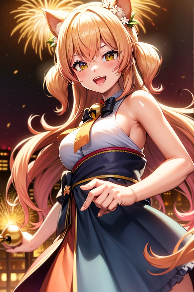 top-quality、top-quality、femele((17 age、japanes、、cute little、a blond、poneyTail、Black kimono,big bast、Bust 95、Breasts wide open、A slender、Blue shoulder bag、Dye cheeks,A slight smil、Gold necklace、)),hiquality、depth of fields、Background with((Night city))、Depth((sparklers))
