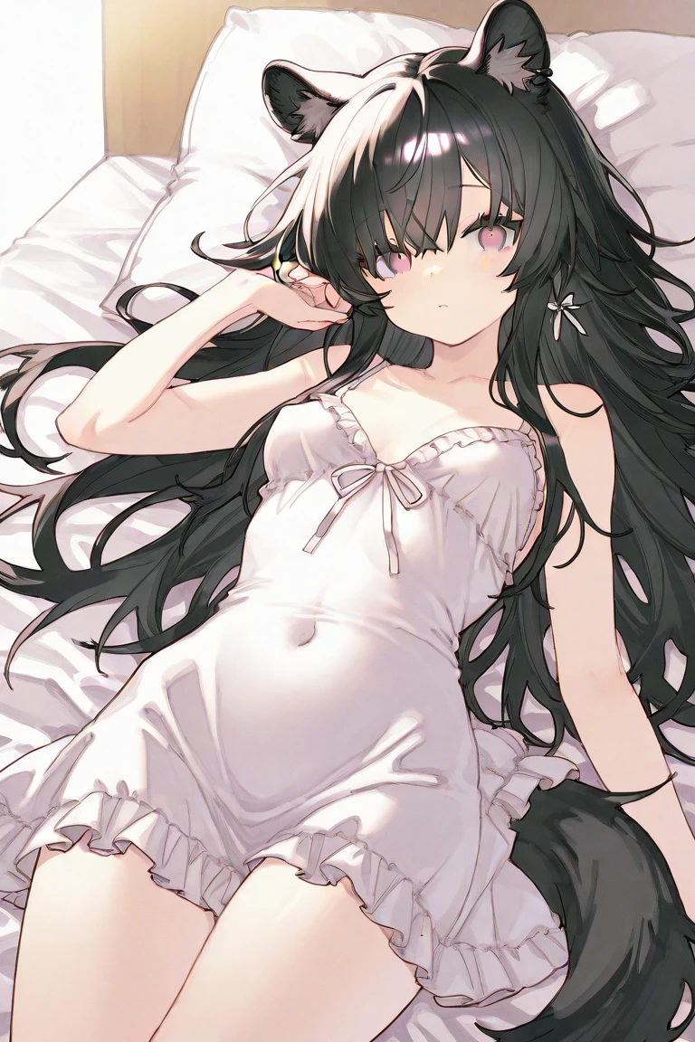 ((best quality)), ((Masterpiece)), (details), 1 girl, Sleeping dress, Long, curly, black hair,brown eyes,A light pink bow is attached to the bangs.
