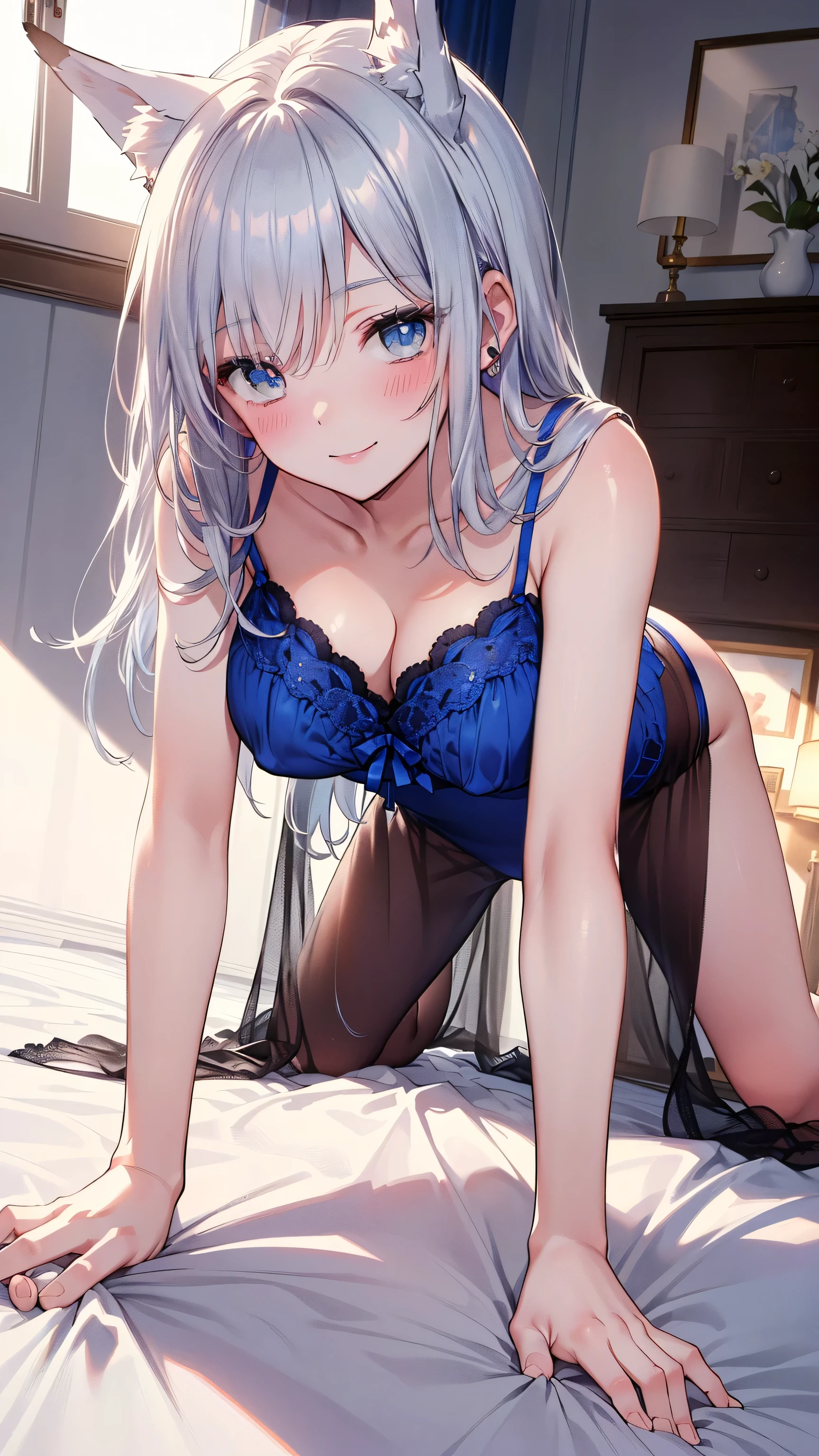 (((best quality)), ((masterpiece)), (details), masterpiece, best quality, high quality, ulutra detailed, perfect face, ((1girl, blue eyes, cat ears: 1.3 silver bob hair: 2.5,)) 、Shiny Hair、Glowing Skin、blush、Lustful look、Small breasts、Bedroom、Black lace camisole、garter belt、Knee-high stockings、sleep、On the bed