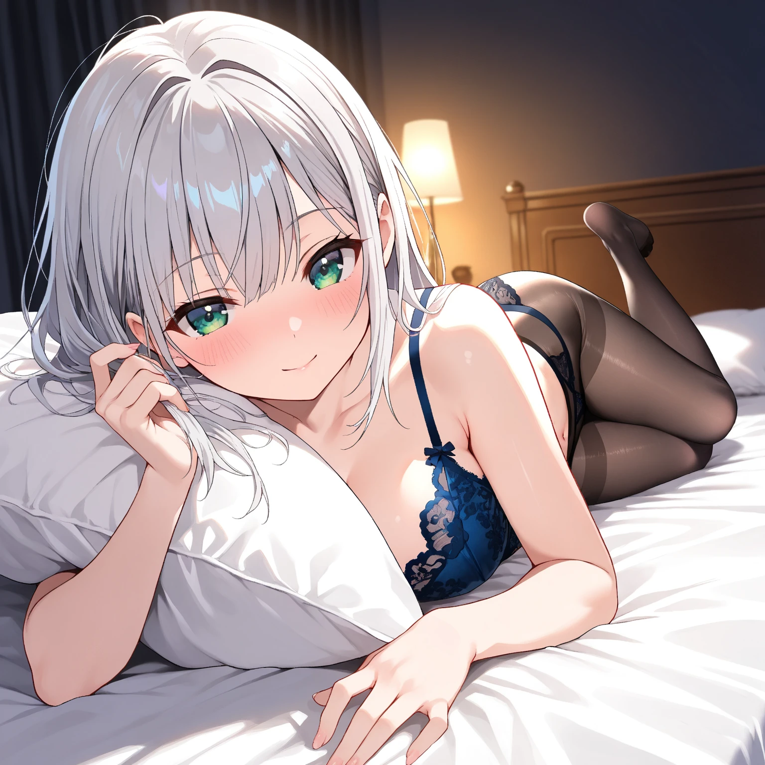 ((Anime girl posing big on hotel bed)), (Night view))), (Twin Tails)), (Wearing a bathrobe with a wide open chest))), ((Putting her hands on the chest of the bathrobe))), ((Barefoot)), ((Perfect style)), ((Bra and pants are on the bed)), (Light bathrobe)), Seductive anime girl, best anime 4K wallpapersPerfect gray haired girl, charming anime girl, 4k anime wallpaper, 4k manga wallpaper, detailed digital anime art, best girl of anime, beautiful anime girl, detailed anime artwork, beautiful charming anime woman
