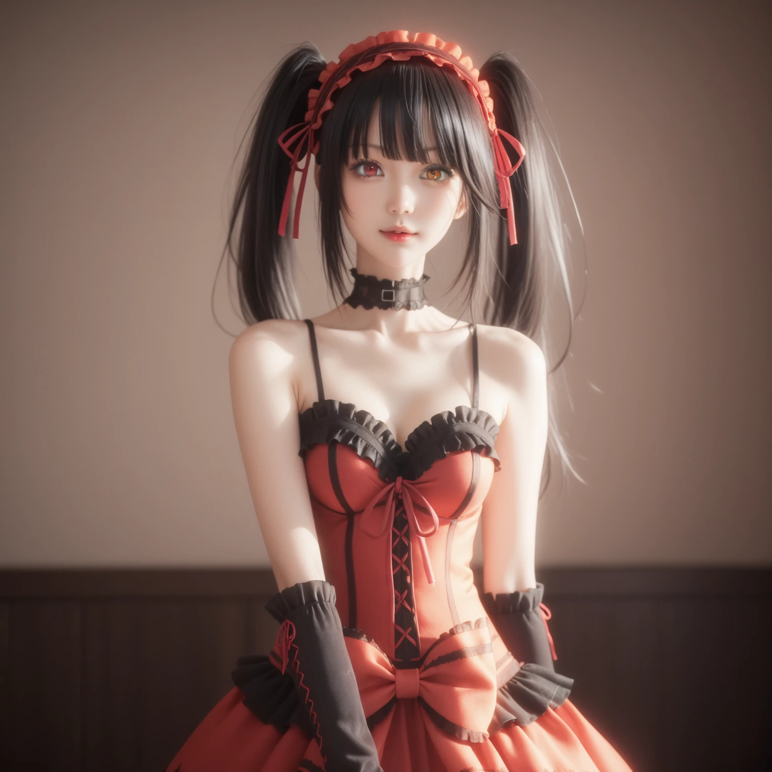 (anime, 8k, masterpiece, top quality, best quality, beautiful and aesthetic:1.2, professional illustrasion:1.1 ,ultra detail:1.3 , perfect lighting), highly detailed ,1girl, jewelry, collar , ribbon_choker, gothic <lora:charming Kurumi_109_2023-10-06_214126:0.8> charming Kurumi_109, lovely underarms <lora:eye_opening_v2.0:-1> evil Smile,