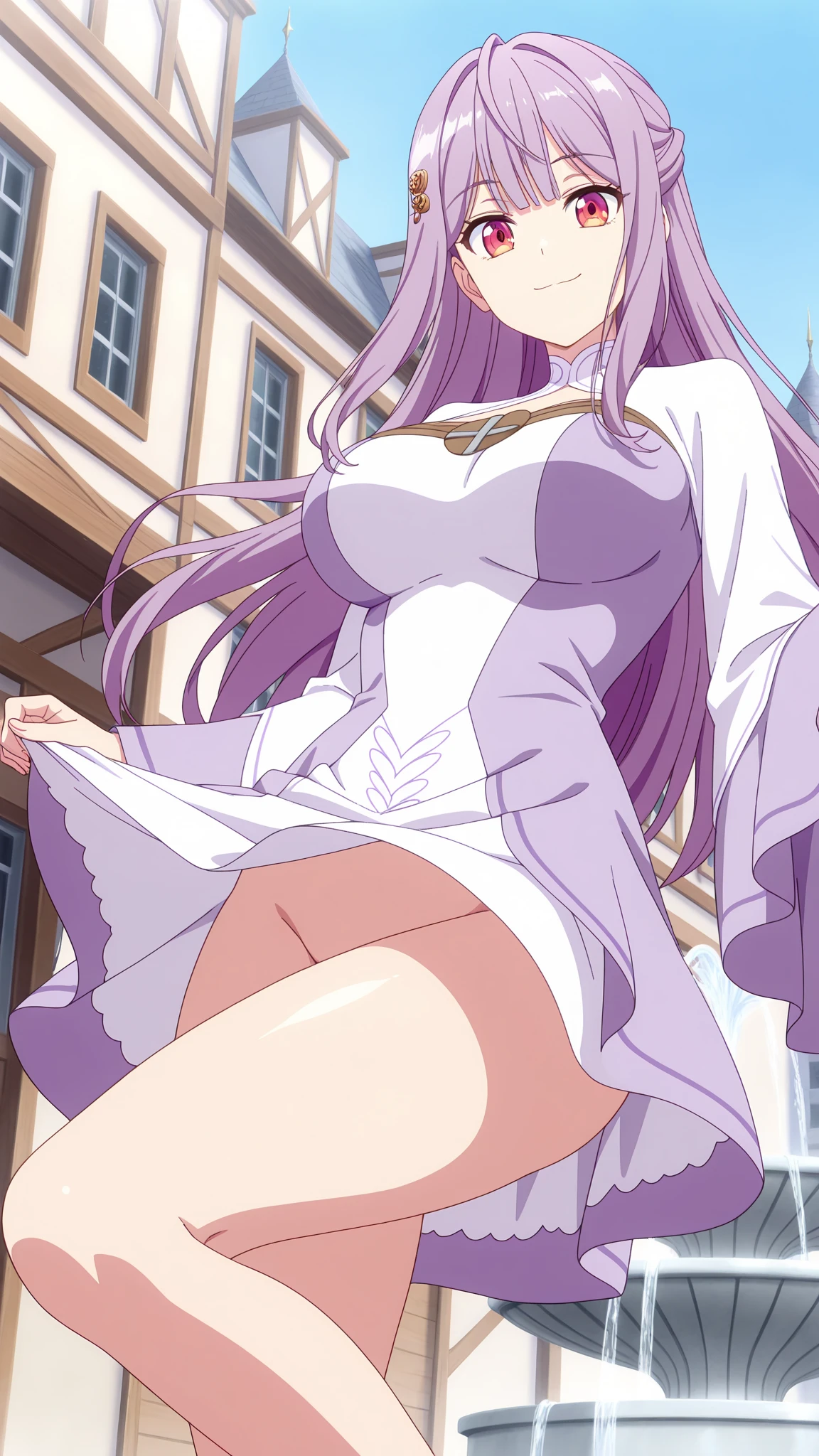 1girl, solo, Emilia, emilia_\(re:zero\), long hair, silver hair, blunt bangs, braid, hair ornament, hair flower, hair ribbon, purple ribbon, purple eyes, blush, low-tied long hair, elf,bare shoulders, detached sleeves, wide sleeves, cleavage, pleated skirt,miniskirt, thighhights, white legwear, white shoes, ,(skirt lift by myself:1.8),skirt lift,showing panties,(side_tie_panties),underwear, outdoorasterpiece:1.2), highres, best quality, 8k, very clear,