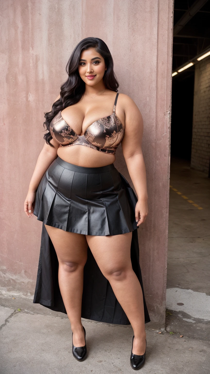 1Full body picture from a low view of A dark skinned 25-year-old woman, athletic body, very detailed short black wavy buzz cut hair, thick eyebrows, long eyelashes, beautiful brown eyes, thick lips, toned arms with tattoos and , large natural breast, toned abs, thick curvy hips and thighs, muscular legs very detailed, big curvy booty wearing a short pink transparent double split dress with lace trim, a tight fitting white sleeveless crop top shirt, black leg bands around her thighs, black arm bands on each upper arm, transparent white thigh high stockings, stiletto heels, standing in a very detailed grassy field on a  highly windy day, hair blowing in the wind she is looking very serious (full body) 