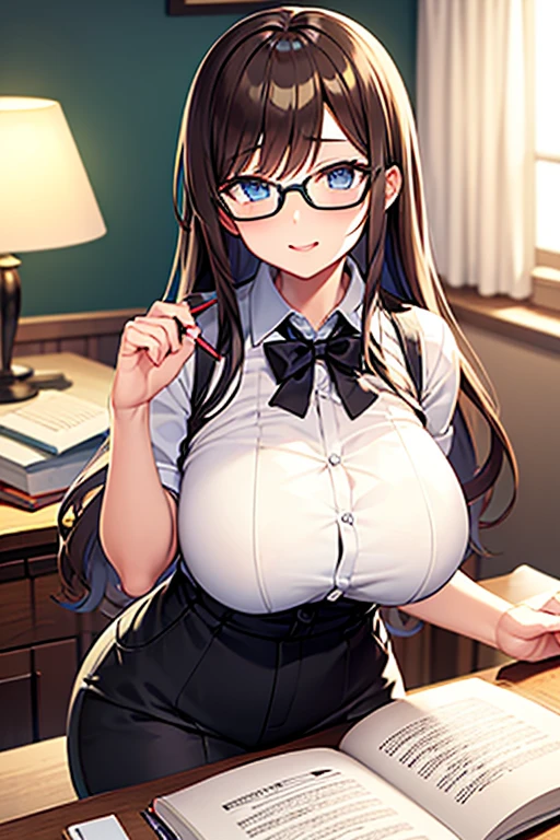 (masterpiece, Highest quality, Absurd, Game CG, figure, Very detailed), One girl, alone, (mayu kuroe), Beautiful attention to detail, Are standing, city, White blouse, Black Pencil Skirt,Her bra is visible through the gap between the buttons of her blouse.、Sitting、I can see her panties、Bra showing through blouse、Wear glasses