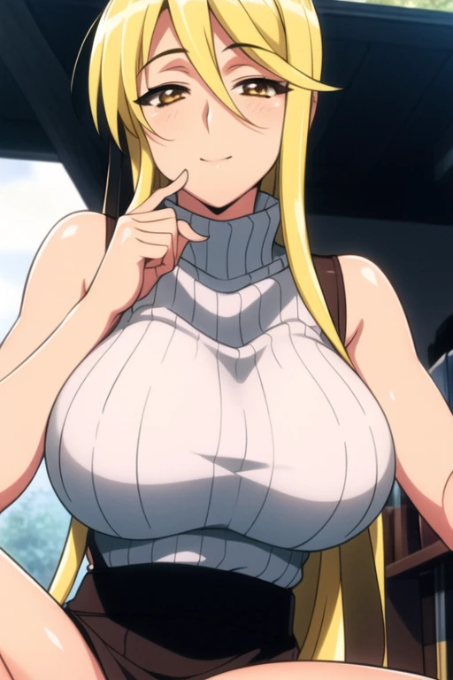 masterpiece, best quality, looking at viewer, upper body, portrait, looking at viewer, seductive smile, put your hands behind your head, armpits, armpits visible, sweaty armpits, celestine, very large breasts, long blonde hair, wearing white croptop,