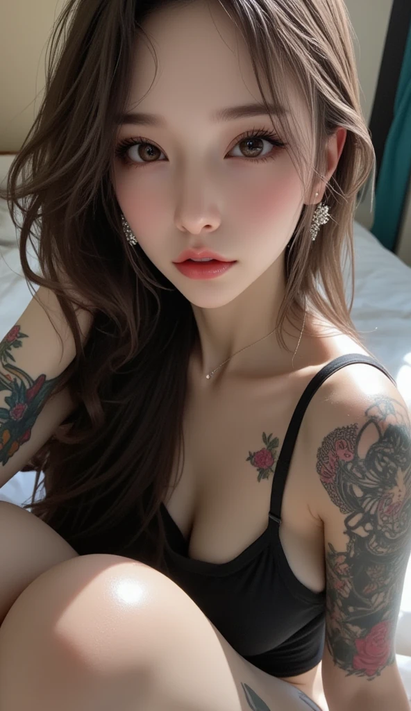 Kim Jennie con tatuajes on her arms and chest laying on a bed, entintado, con tatuajes, en cama, posando en la cama, piel roja suave, Jennie aka Kim Jennie, angelablanca, entintado and colored, sexy look at the camera, with pale skin, acostada sobre su espalda, hermoso cuerpo y rostro detallados