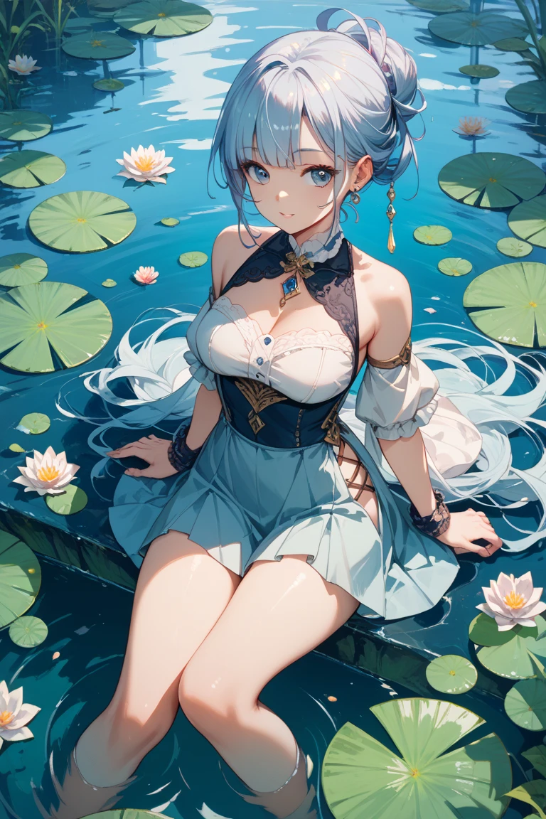((masterpiece)), ((highest quality)), (ultra high resolution,8K),(Ultra high fine mesh,4K), (Highly detailed CG integrated 8k wallpaper), (perfect anatomy,anatomically accurate), ((((high angle))))), (A big woman with sexy charm), beautiful butterfly in flight, (off shoulder), ((whole body)), ( brown hair +1.2), bob hair, (short bangs), (dynamic composition), High definition beauty face, (more beautiful blue eyes), (open your mouth), (wet body)), shiny skin, fine skin, thin hair, cowboy shot, background, (Butterflies flying around a woman), near pond, (starry sky), forest, Pillar of Light, water lily, moss, Clean water, moonlight, Sparkling, (midnight, darkness) )), Shining six-pointed star