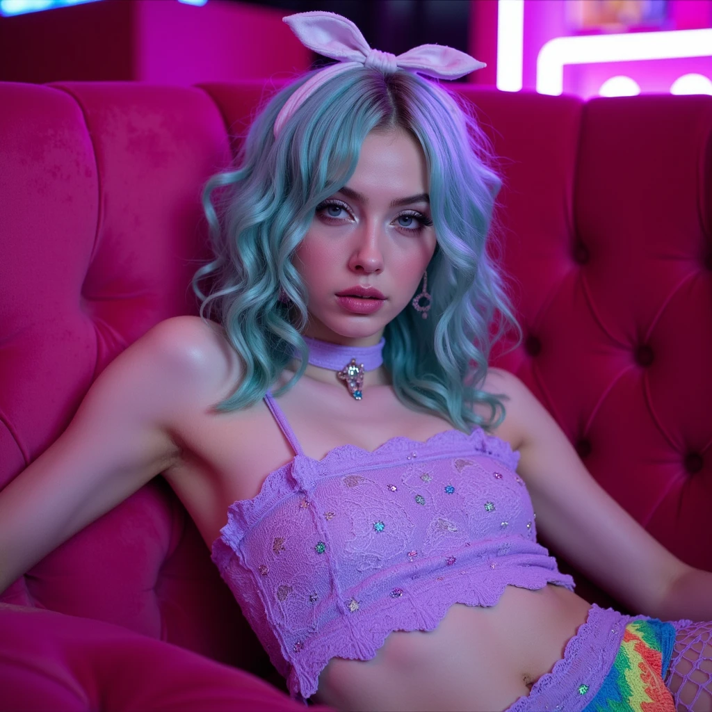 (masterpiece, best quality), 1girl, solo, (j4nu4ryj0n3s lying on back), (blmpony), (epiCRealLife), (underboobs), (half breasts), ((bulma_v1), (red lipstick), (aqua hair), (blue eyes), (young woman), (European model), (pink bulma_v1 shirt), (pink skirt), (pink pleated skirt), (pink hair ribbon), (aqua braided ponytail), (belt), (blue waist bag), (purple scarf), (bulma_v1 clothes writing) , (wrist gloves), ( brown leather gloves), (medium breasts), (bulma_v1 pink skirt),(light smile), (lying on the bed), (close up), (planters), (in a bedroom), (flash photography)