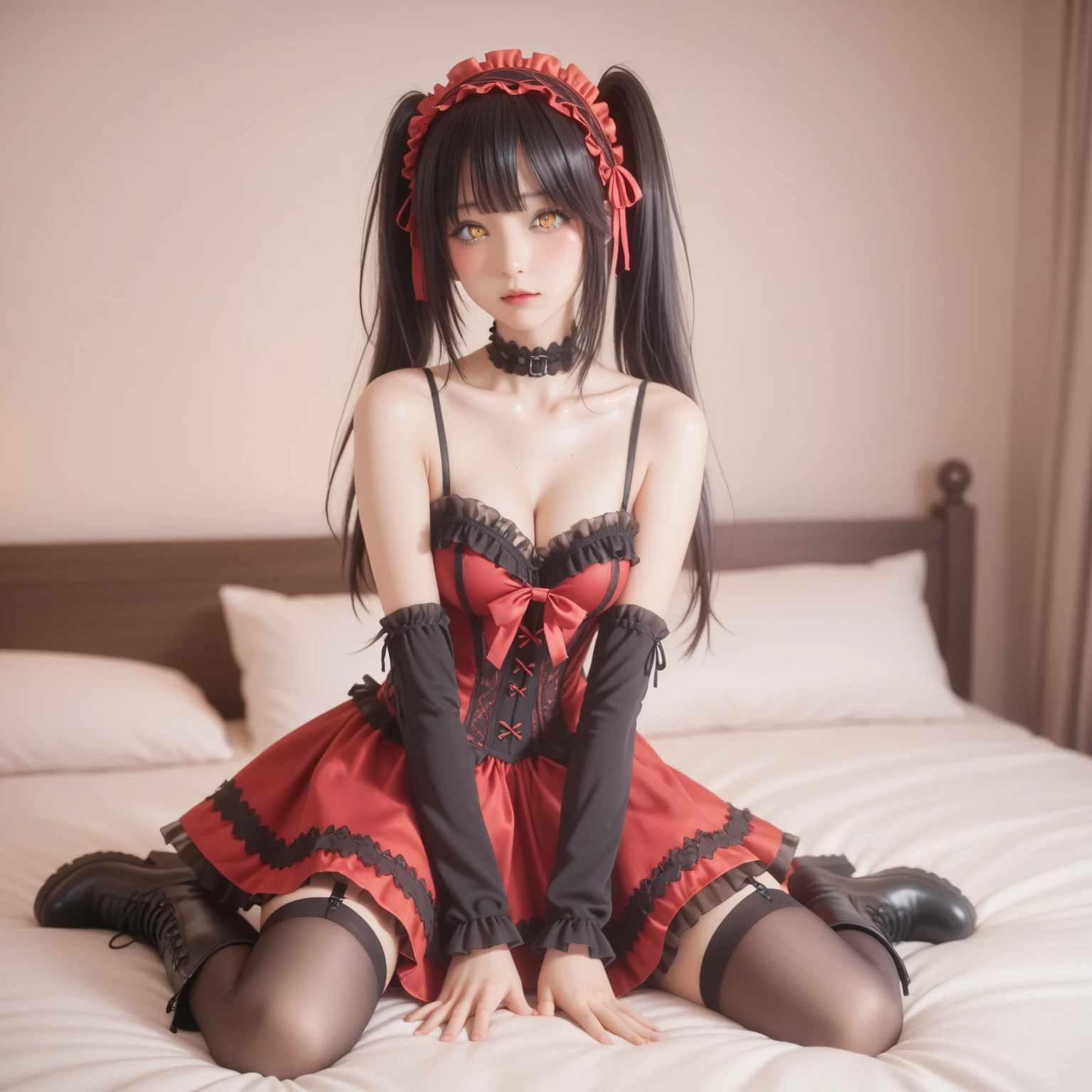（ultra best quality、8K、Master masterpiece、Photorealsitic）、Adorable Caucasian Girl、Plump body（very large breast）、(Gothic Lolita Dresses 1.1、Spread your legs while lying down、Red shiny twin tails、Cheerful smile、