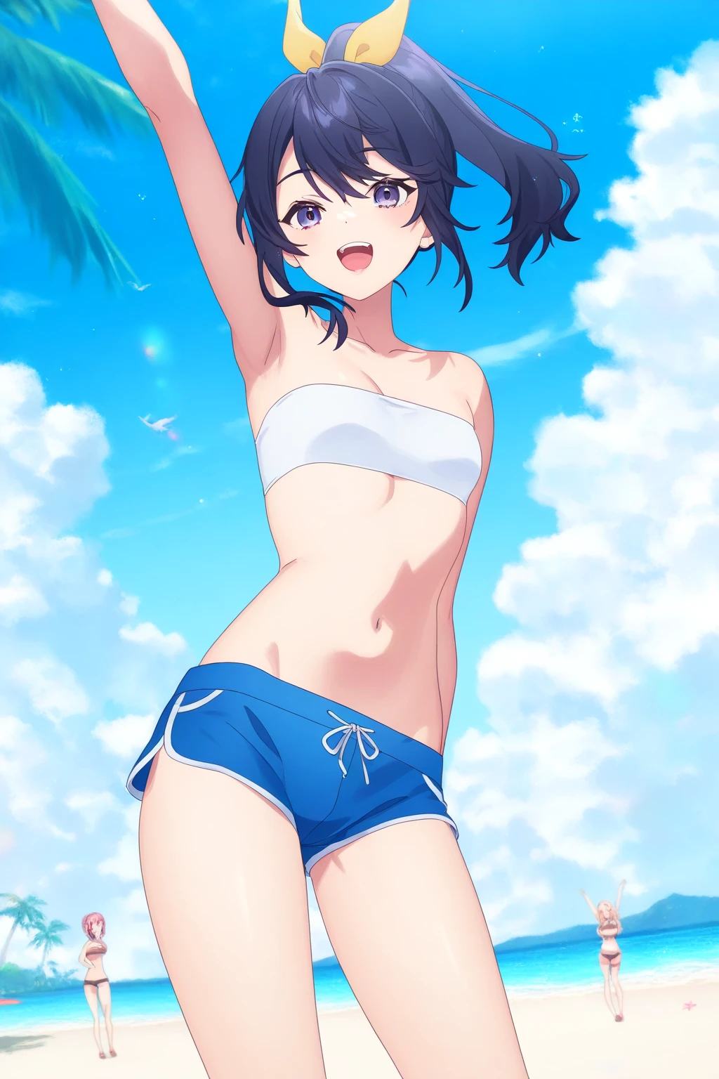 Best image quality,１People Girl,cute,Shiny Hair,black eye,Shining Eyes,smile,Double teeth,sunflower,stream,Water Play,Wet,girl,small,small breast,White Bikini,Too much exposure,View from below,Navel Fashion,Know the shape of your vagina