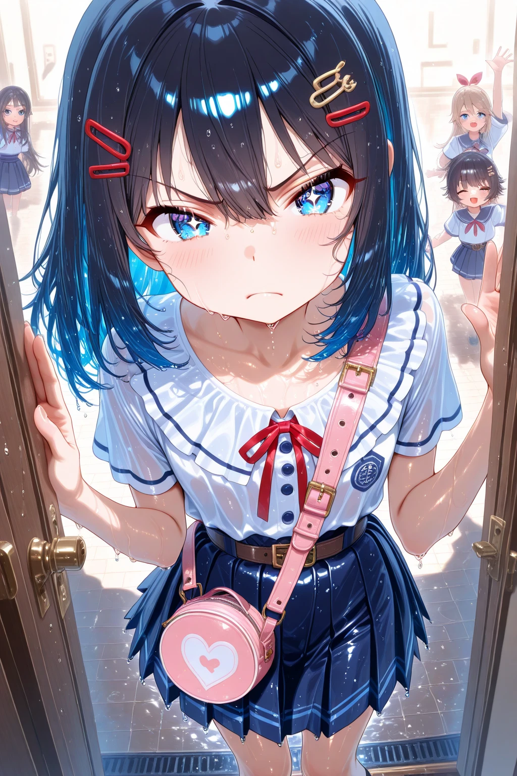 Lesbian、Sailor suit、Toilet cubicle、Glasses、Pleated skirt、Hold out panties with both hands、(To pee:1.8)Panties as a gift、Nipples、Sailor suit、Pleated skirt、Nipples