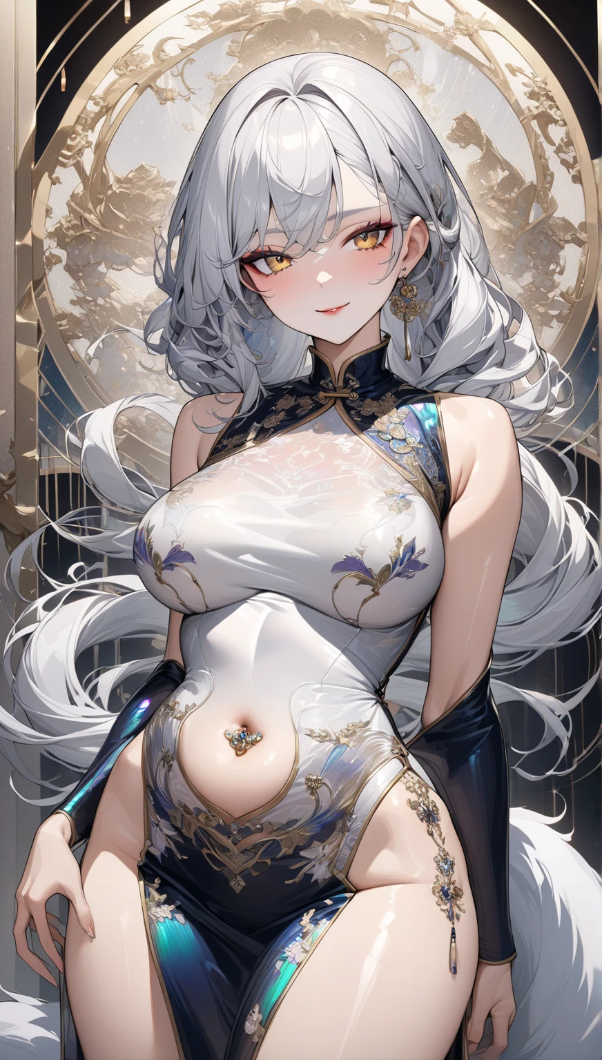 （（（1个Giant Breast Girl）），Ray traching，（dim murky lights），[detailedbackground（Bedrooms）），（（Silvery hair）），（（A pink-haired）），（（（（（Fluffy silver hair，plump and slender girl））Wears a high ponytail）））Avoid golden eyes in the ominous bedroom（（（（Girl wears white shirt，Black wrinkled skirt，Wear yours with black sheer pantyhose），It shows a delicate and slender figure and beautiful curves，Correct limbs，sit on a bed，Pregnant belly，Pregnant belly，Pregnant women with