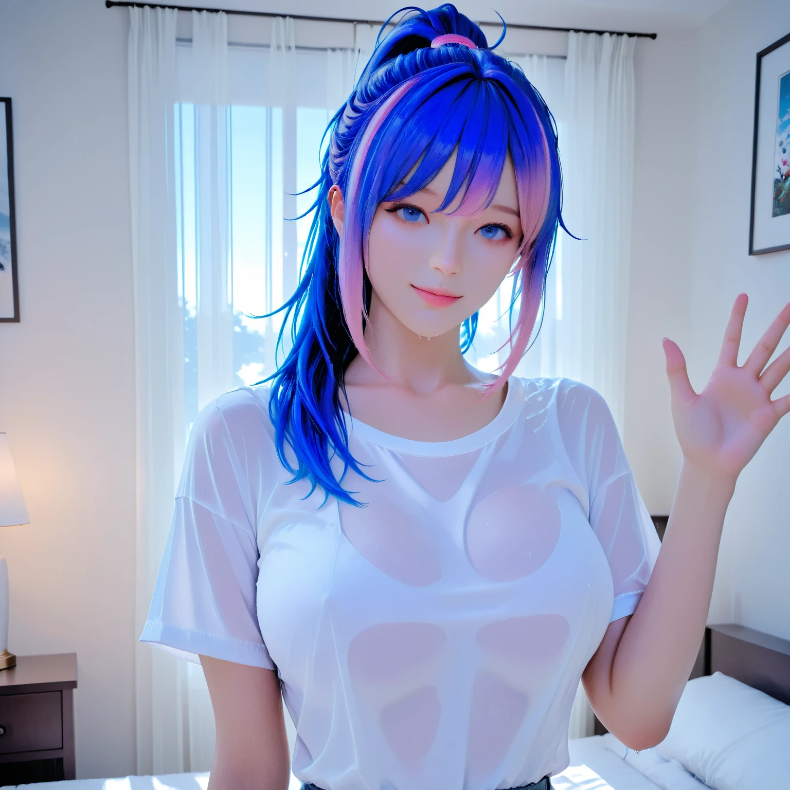 ((masterpiece)), ((best quality)), (ultra-detailed), on the bed, a cute girl, 1girl, solo, kimono, japanese cloth, beautiful black eyes, ((beautiful eyes)), light smile, ((open chest)), ((cute nipples)), beautiful blue hair