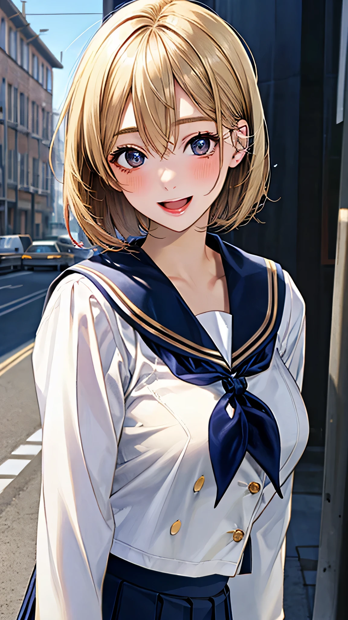(masterpiece:1.3, top-quality), (ultra-high resolution, ultra detailed), realistic, photorealistic:1.3, beautiful illustration, perfect lighting, natural lighting, colorful, depth of fields, nsfw,
beautiful detailed hair, beautiful detailed face, beautiful detailed eyes, beautiful detailed hand, perfect anatomy, anatomically correct, (super detailed skin), white skin, shiny skin, 
looking at viewer, (face focus, upper body), 1 girl, high school girl, cute and symmetrical face, perfect face, perfect eyes, perfect body, babyface, cute face:1.2, tiny, 
(short hair:1.5, bob cut:1.4, blonde hair), hair between eyes, gold eyes, big eyes, drooping eyes, long eye lasher, (large breasts:1.1), 
(detailed cloth texture, (navy pleated mini skirt, navy sailor collar with white lines, navy sleeves, navy neckerchief, navy 4 buttons)), white kitauji high school uniform, 
(beautiful scenery), summer day, evening, (outside modern apartment) walking, (happy smile, open mouth small), 