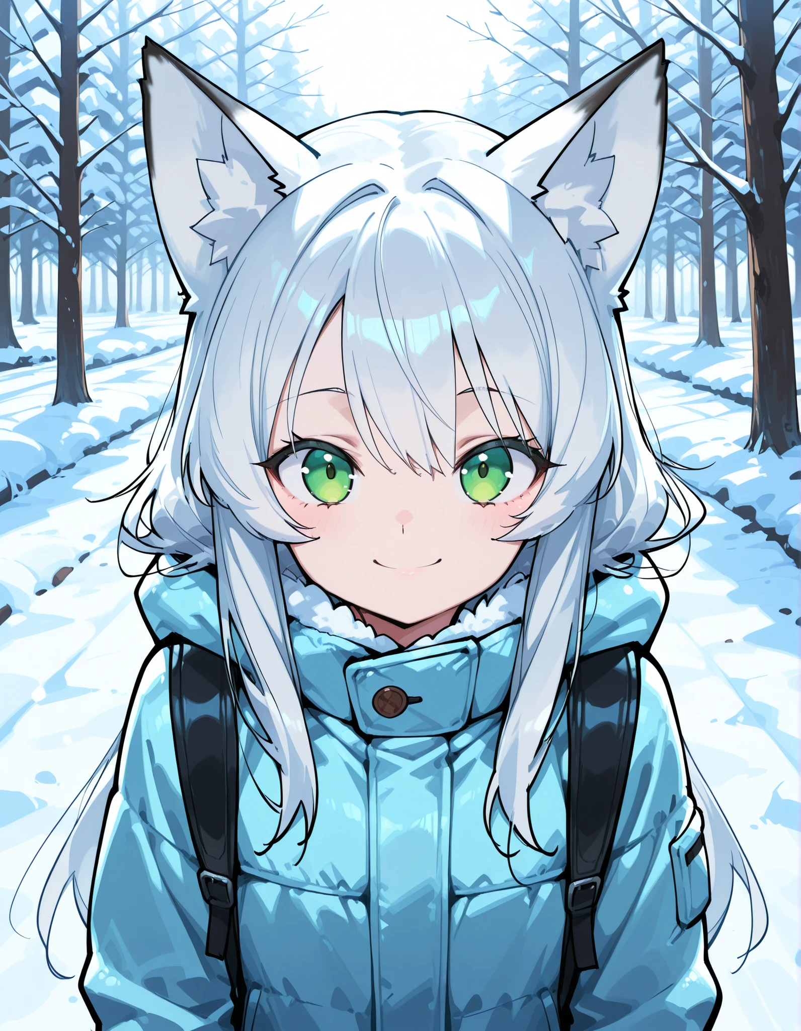 CuteToon_ST,, anime, solo, BREAK, young fox girl, skinny and frail, (petite,cute:0.5), green eyes, looking at viewer, long hair, white hair, smile, winter clothes, outdoors, winter,