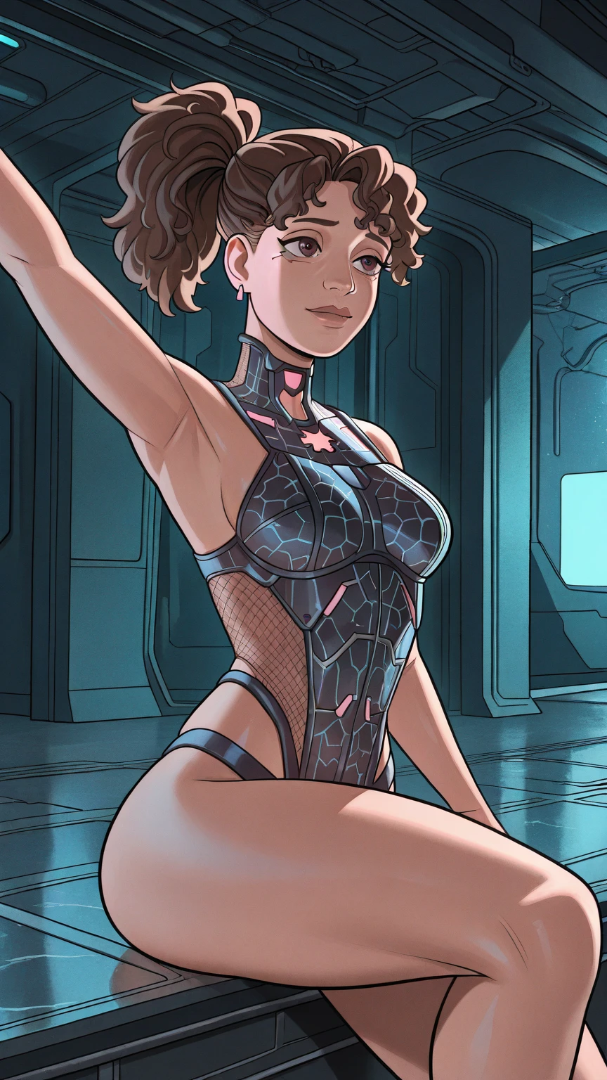 Best quality, 8K, vivid color, woman retro futurism, static pose, looking to observer, brown hair, long eyelashes, light brown shiny leotard, cleavage, metalic details, light pantyhose, neutral sci-fi white spaceship scenario