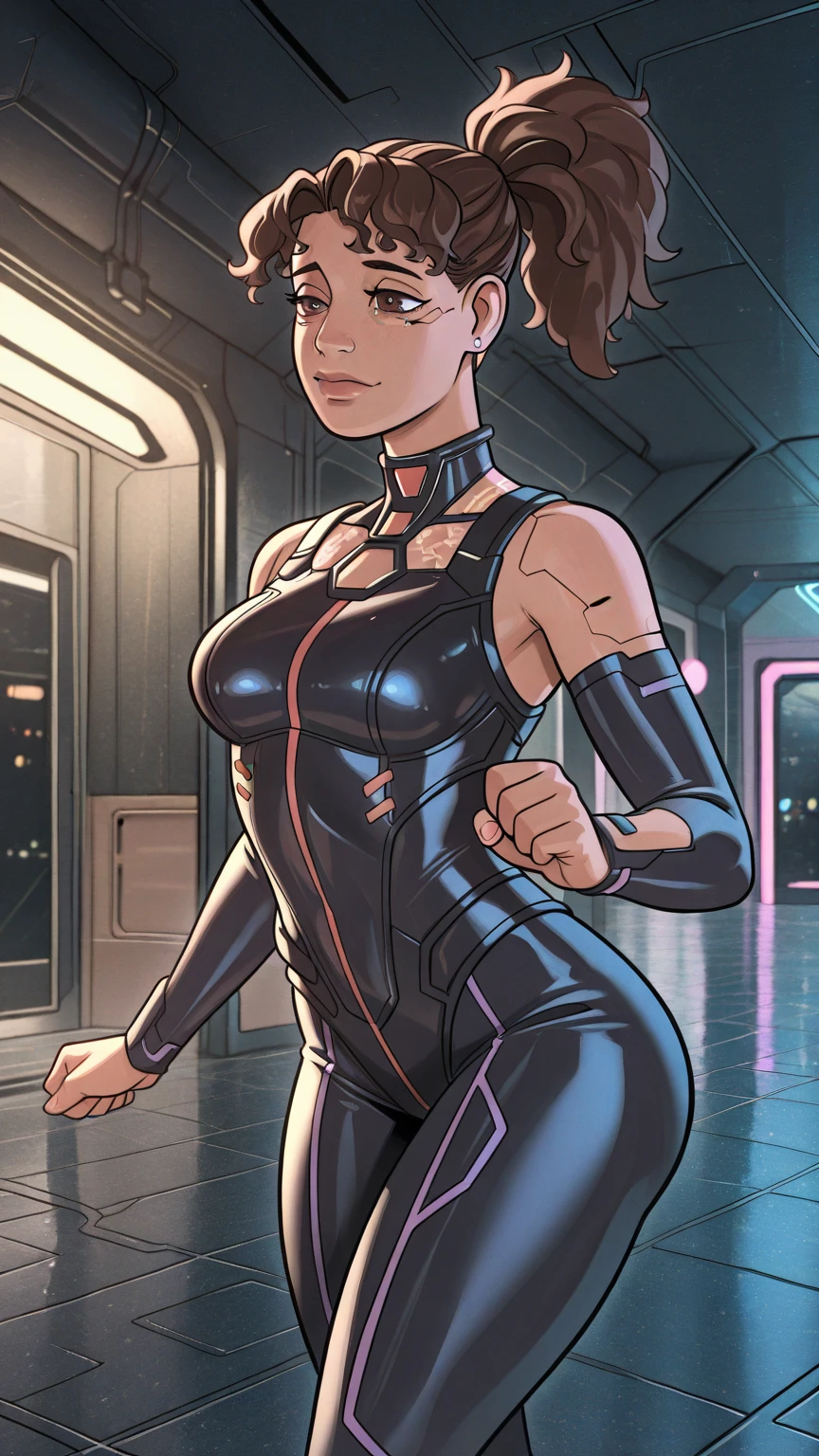 Woman dark blond head, long hear, portrait of a pole, undercut hair, freckles, amazing body, pronounced feminine feature, legwear suspenders, setting in bathroom, close up, ((closed swimsuit)), small , embarrassed face, ((wet body and head)), male fit body, very short hair black, alien ship, biotech surroundings, shower, alien ripley