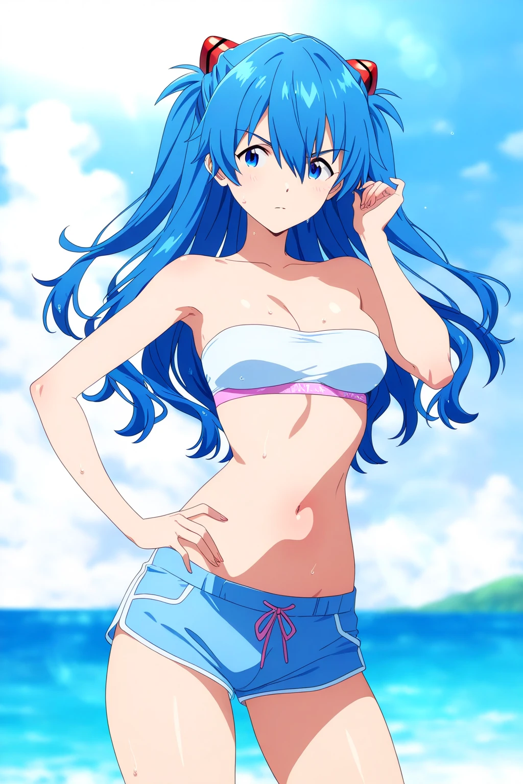 chidori, 1girl, solo, long_hair, bow, ribbon, navel, very_long_hair, blue_hair, swimsuit, closed_eyes, hair_ribbon, hair_bow, bikini, outdoors, sky, day, cloud, armpits, arms_up, blue_sky, white_bikini, low-tied_long_hair, stretching