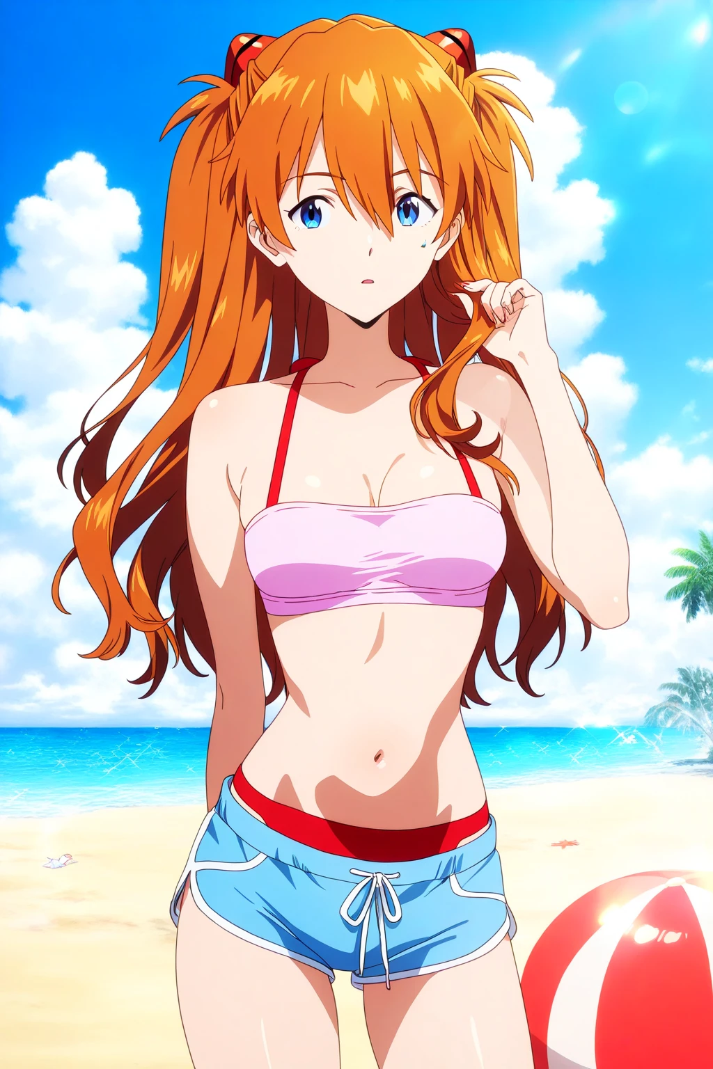yurii, 1girl, solo, long_hair, breasts, looking_at_viewer, blue_eyes, large_breasts, cleavage, medium_breasts, swimsuit, bikini, outdoors, sky, day, cloud, orange_hair, blue_sky, groin, black_bikini, beach