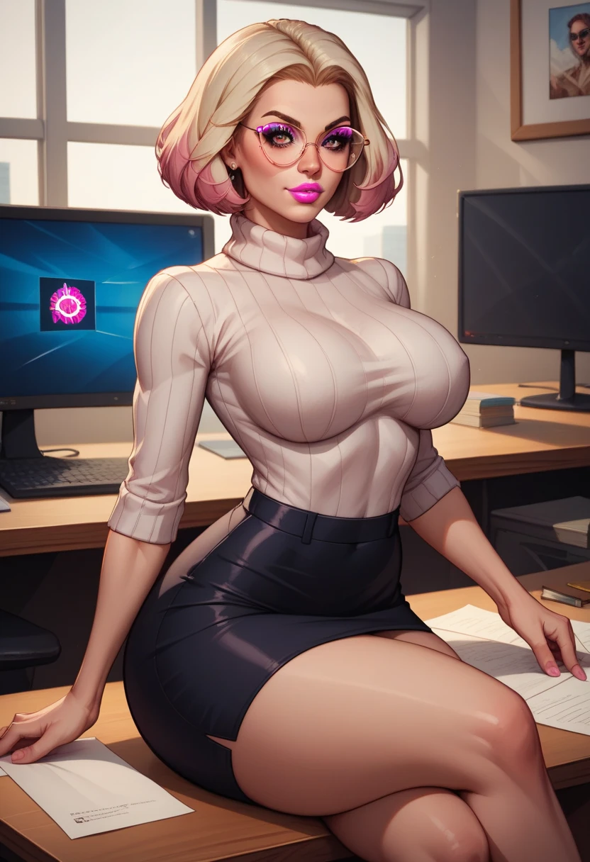(best quality, 8k, highres, photorealistic:2.0), (solo, one girl),(lighting: front),(lighting: strong),(ultimate beautiful girl:2.0),(shiny skin),(oily skin),(platinum blonde hair:1.5),(straight hair:2.0),Blush brown makeup , dark eye makeup , use pink glossy lipstick,(big eyes girl:1.5),(thin woman:1.5),(Photographed in the sophisticated office of an information technology company:1.8),(elite business woman:1.8),(Career woman who can work very well),(I'm so absorbed in work that I don't have a boyfriend),,(she is pure:1.5) ,(A woman whose life is difficult),(A woman exhausted from long working hours),(woman's sex appeal), in office, ((wearing maroon hijab)), ((pink transparent shirt, long grey fabric pants)), (wearing veil)