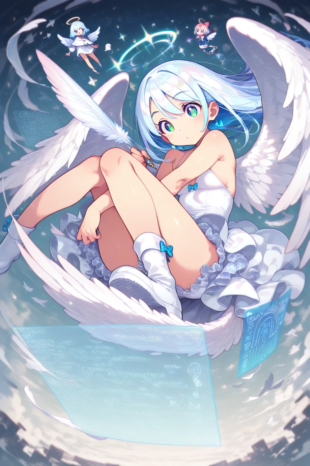 masterpiece, highest quality, highest resolution, clear_image, detailed details, White hair, long hair, cat ears, 1 girl, red eyes, white pantyhose, sci-fi military clothing, white scarf (white scarf around the neckwith a light blue glow), gray futuristic halo (gray halo over the head), white wings (4 wings), cute, fulld body, no water marks, outer space