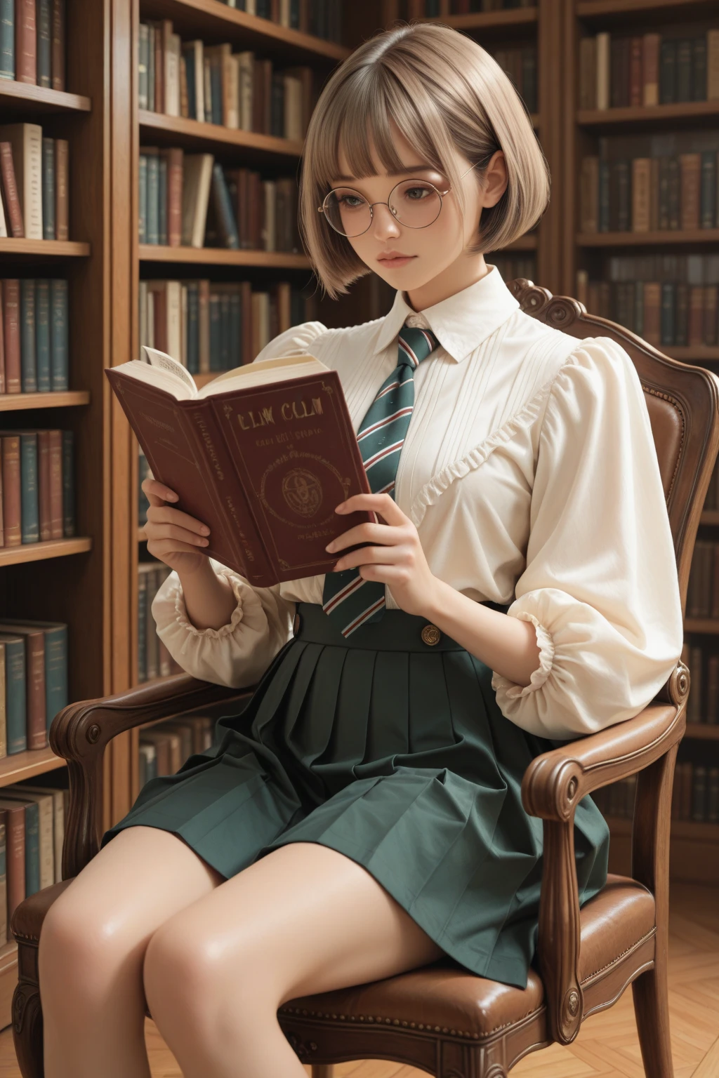 woman, blonde fluffy hair, white shirt, brown long skirt, black pantyhose, black heels, glasses, librarian, writer, poet, smug smile