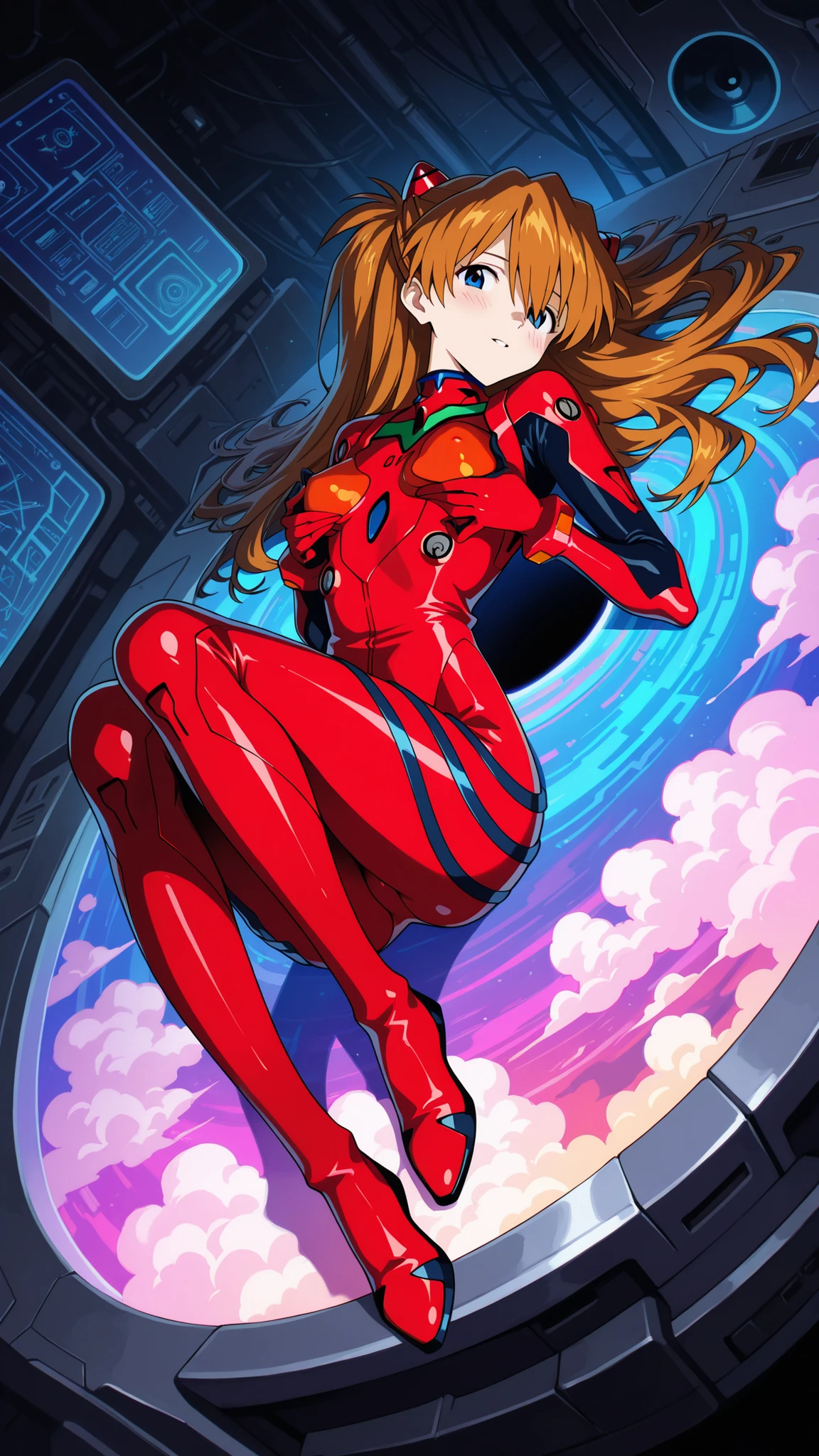 BREAK (masterpiece:1.2), best quality, high resolution, unity 8k wallpaper, (illustration:0.8), (beautiful detailed eyes:1.6),hyper saturated, surreal rave on the edge of a black hole, neon space station, strobing plasma lights, glowing clouds of cosmic dust, psychedelic color explosions, zero gravity party, floating dancers with luminous suits, holographic DJ booth, wormhole vortex in the background, chaos and beauty intertwined, glowing alien flora, deep purple and lime green tones, unreal vibes, ultra sharp focus, cinematic atmosphere, (wide angle), (vivid color grading), trending on artstation, 8k,asuka langley soryu, long hair, bangs, blue eyes, brown hair, hair ornament,,bodysuit, pilot suit, plugsuit, red bodysuit, interface headset,, blush, seductive expression,floating hair,looking at viewer,full body shot,lying on back,touchng breast,barely visible nipples,