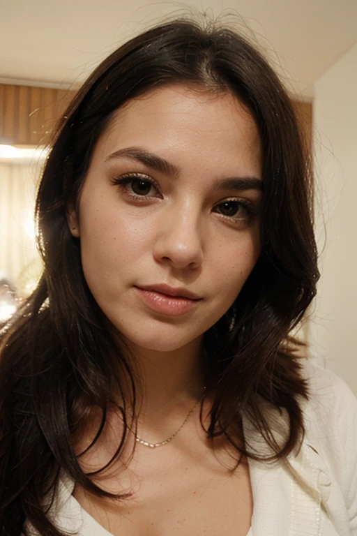there is a woman with long black hair and a brown sweater, alani guillen, around 19 years, hermosa cara latina, taken in the late 2000s, se parece a laura barriales, taken in the mid 2000s, imagen de muy muy baja calidad, lorena avarez, foto frontal, con pelo negro