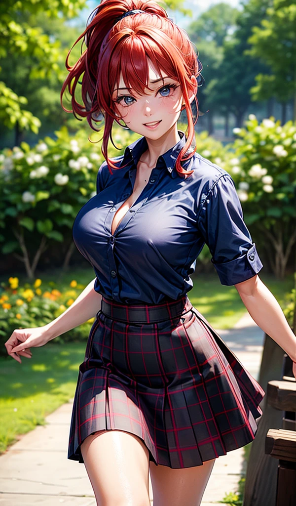 1girl, full body, summer, village, trees, sun, clouds, ((colorful hair)), ponytail, large breasts, button down, blue eyes, ((red, white and green shirt)), ((unbuttoned shirt)), unbuttoning buttons, ((short sleeved shirt)), black mini skirt, brown shoes, grin, looking at the viewer, standing, red, white and green hair ribbon, cleavage, ((golden necklate))