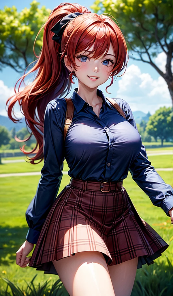 1girl, full body, summer, village, trees, sun, clouds, ((colorful hair)), ponytail, large breasts, button down, blue eyes, ((red, white and green shirt)), ((unbuttoned shirt)), unbuttoning buttons, ((short sleeved shirt)), black mini skirt, brown shoes, grin, looking at the viewer, standing, red, white and green hair ribbon, cleavage, ((golden necklate))