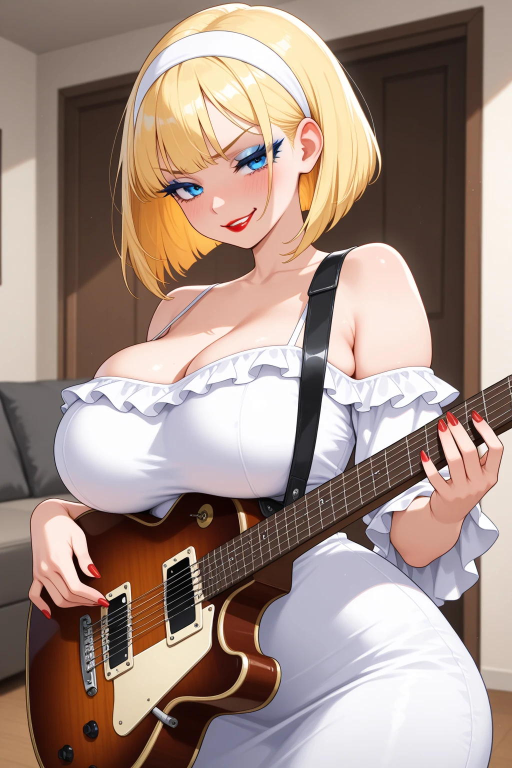 masterpiece, best quality, ultra-detailed, illustration, an extremely delicate and beautiful,high resolution, ultra-detailed,,perfect face,slender perfect body, Tight belly,Toned buttocks,Constricted waist,,(girl plays the guitar:1.7), (black skin:1.3),15yono make,(yellow hair),(braided hair),(pank uniform:1.3),(big smile),(open shirt:1.2),(tattoo on thigh:1.3),(very short hair), shy daughter, short stature,(rock and roll star:1.3),(big breasts),(on a luxurious stage), (band girl),((very wide shot )),( sweaty skin:1.2),(low view:1.5),(spread legs:1.3),white panties