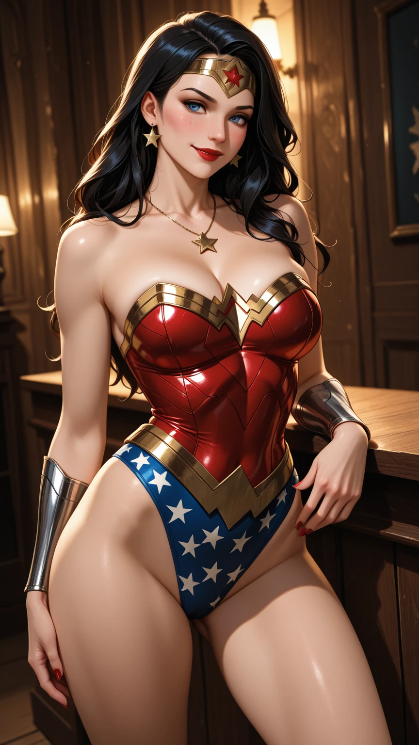 nsfw, masterpiece, best quality, wonder woman, detailed cleavage view, , dress, interior, look and mouth, mean, wicked, intricate details, ultra realistic, 8k, diffused light, adult studio photo