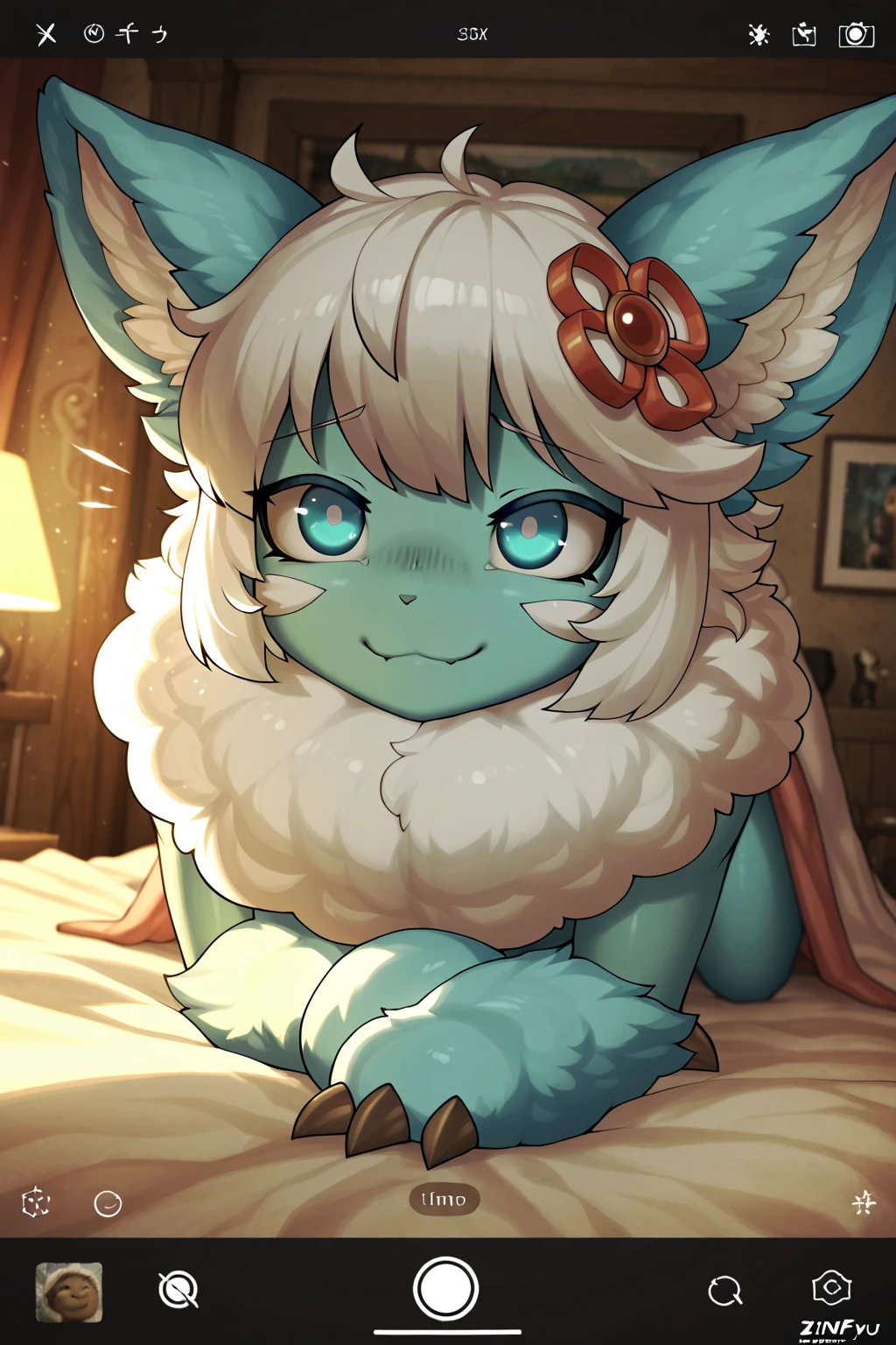 score_9, score_8_up, score_7_up, best quality, masterpiece, Lulu, (absurdly high resolution:1.4), laying down on stomach, from side, (short, diminutive, smol), yordle, (humanoid, purple skin, yellow eyes, (long ears, horizontal ears), long horizontal yordle ears, claws, feminine), white sundress, barefoot, cute, adorable, slim, thin, (hair, fluffy hair, short hair, thick hair, white hair,), large breasts, seductive expression, blush lines, submissive), solo, bedroom, pillows, window, night sky, Expressive, young, expressive shortstack,