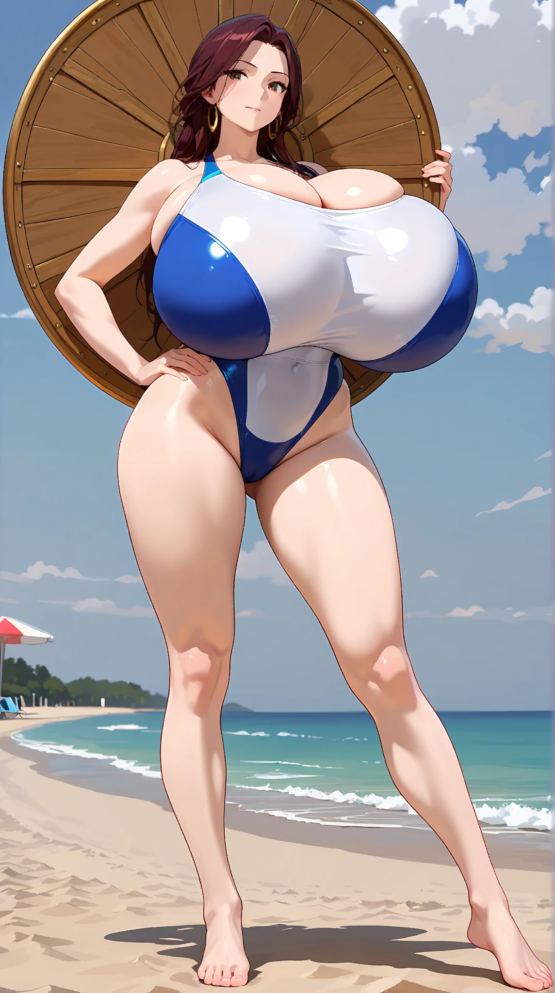 (((masterpiece))), (((best quality))), ((1girl)), highres, sexy, thicc waist, thick thighs, full body, massive breasts, whole body in the picture, sexy pose, skin reflection, glowing skin, light reflect on body , looking at you, perfect face, full body, HDR, UHD, 8K, Highly detailed, extreme detail description, Professional, absurd details, absurd res, detailed background, highest quality, high resolution, clean picture, one piece, nami, beach backgound, anime art style
