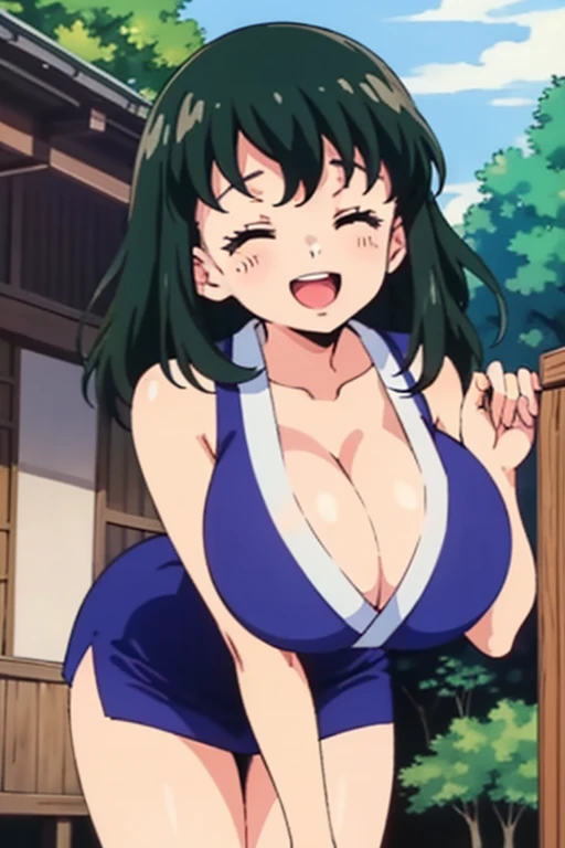 巨作, Best Quality, highres, Hamkotori, short hair hair, multicolored hair, single hair bun, Hair Ribbon , huge breasts, Standing, cowboy shot, outdoors, smile, arms over Two Sides, straight on, massive breasts swimsuit lake pool