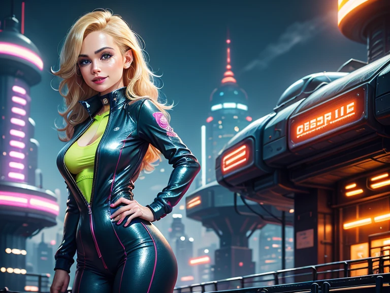 A blonde woman in a tight superheroine jumpsuit against the backdrop of a city of the future