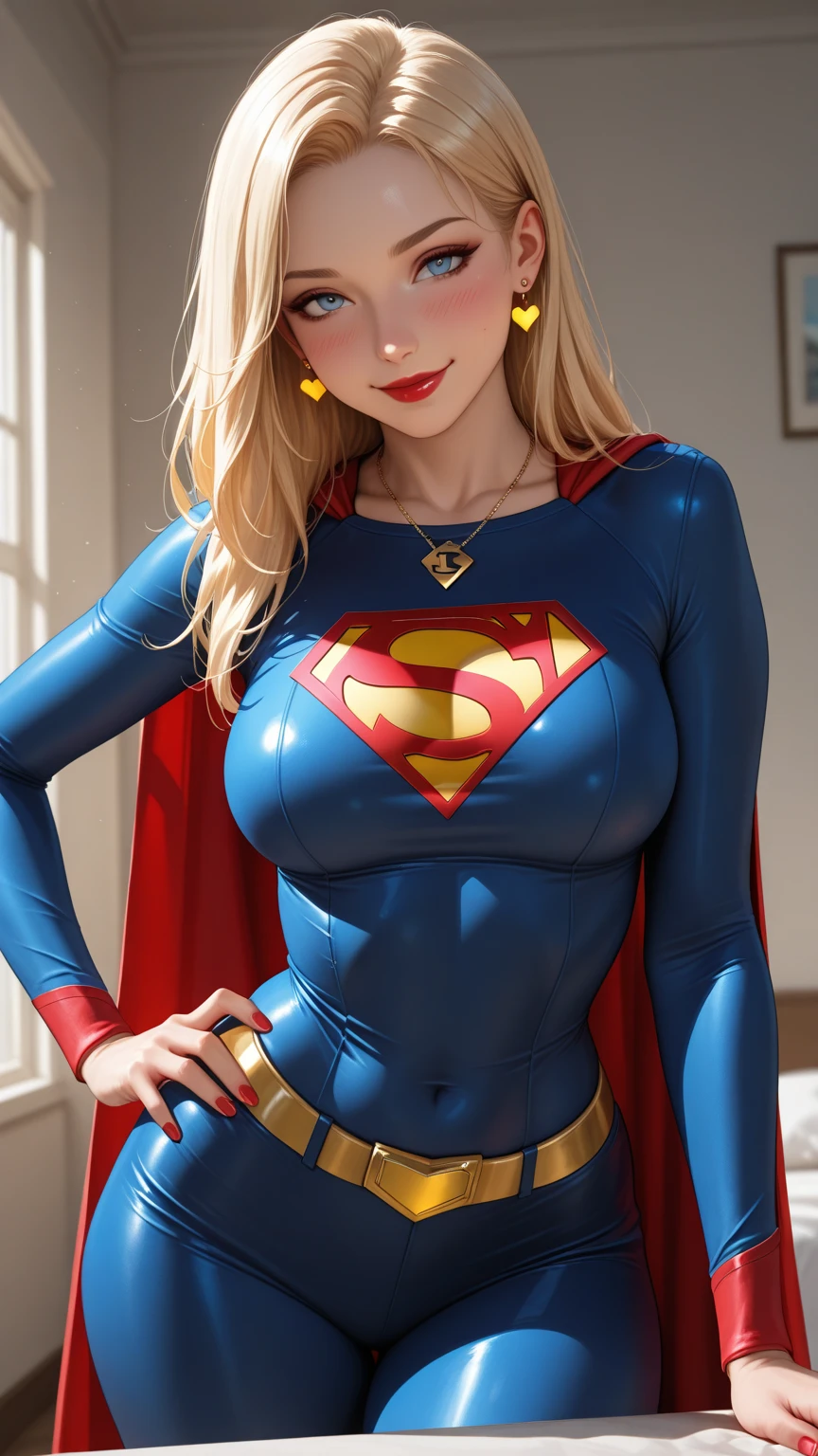 4k, realistic, charismatic, very detailed, there is a girl in the sky, dressed in a super girl costume, she is a super girl, superhero theme, blonde short hair, ponytail, 20 years, full body, (detail in the eyes), (detail in the face), incredibly beautiful, blue eyes, blush, makeup, red lipstick, miniskirt, (wide hips),  (thick thighs), small breasts, dress,, seductive pose, (extreme hourglass figure), thin, svelte, white skirt, boots, tight t-shirt