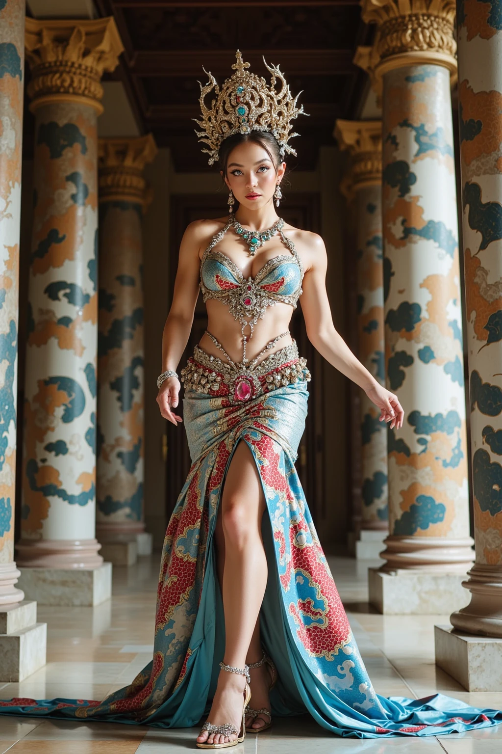Beautiful Thai girl in stunning Thai dress stands full length in her beautifully decorated palace in 4K HD full body image.