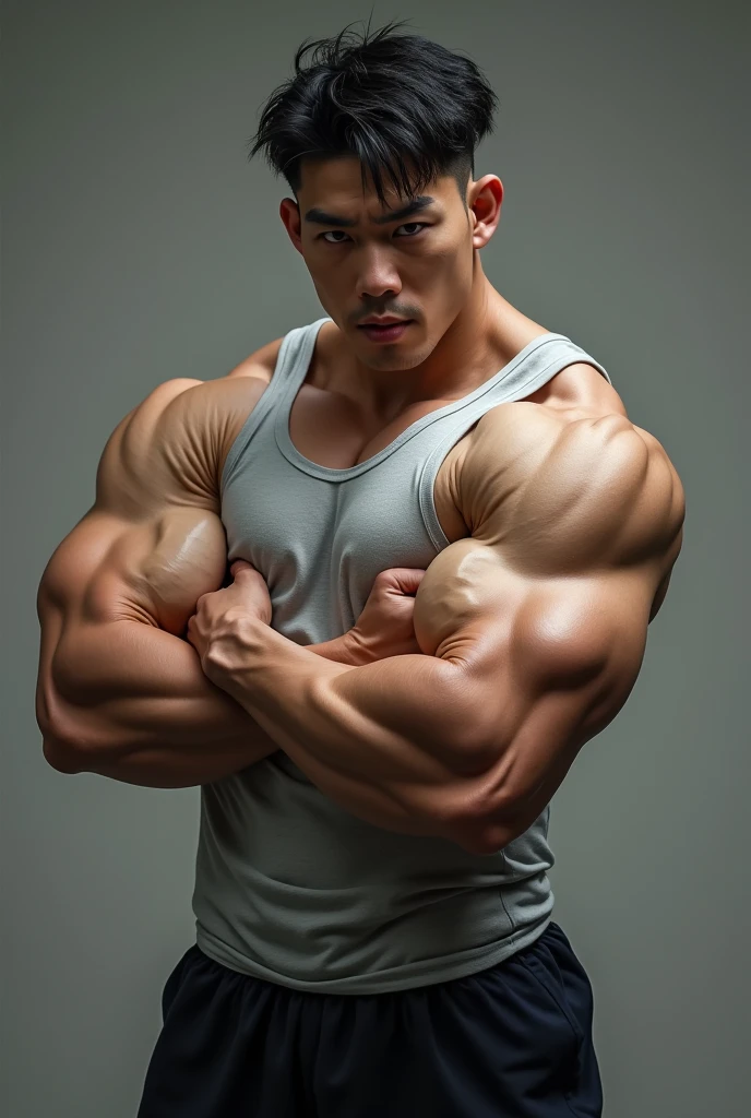 (Highly detailed 8K wallpaper), asian man, muscle worship, fold your arms, On the playground, baseball uniform, high detail, very short hair, skin head, Circular cut, very large and strong body, bulging muscles, muscular, very large pectoral muscles. Very sexy abs, legs are muscular, Toned figure, brightens oily skin, muscular, Tank top, T-shirt, long shot, wide shot