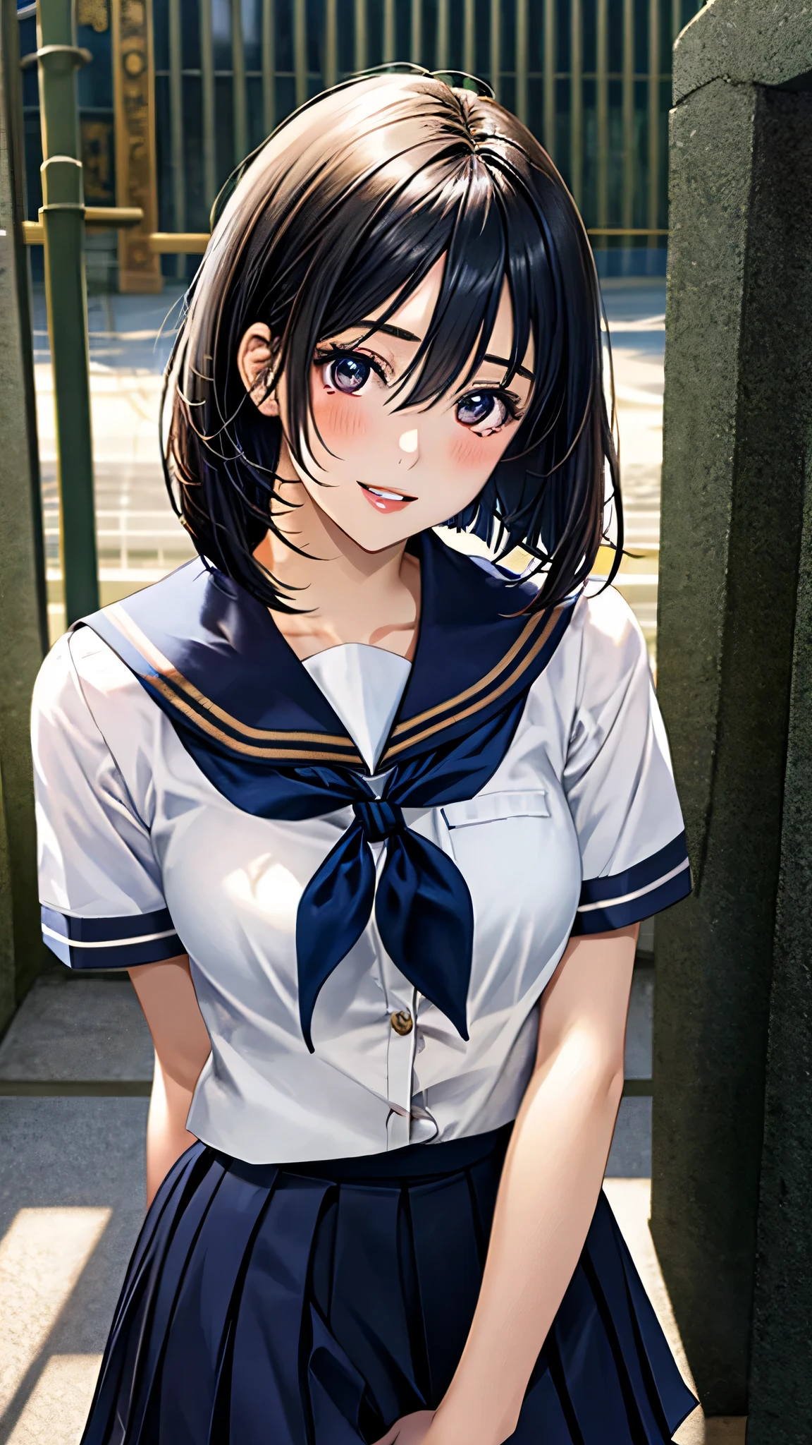 (masterpiece:1.3, top-quality), (ultra-high resolution, ultra detailed), realistic, photorealistic:1.4, beautiful illustration, perfect lighting, natural lighting, colorful, depth of fields, nsfw,
beautiful detailed hair, beautiful detailed face, beautiful detailed eyes, beautiful detailed hand, perfect anatomy, anatomically correct, (super detailed skin), white skin, shiny skin, 
looking at viewer, (face focus, upper body), 1 girl, high school girl, cute and symmetrical face, perfect face, perfect eyes, perfect body, babyface, cute face:1.2, tiny, 
(short hair:1.5, bob cut:1.4, black hair), hair between eyes, gold eyes, big eyes, drooping eyes, long eye lasher, (medium breasts, seductive thighs), slender, skin dentation, outstanding style, 
detailed cloth texture, (navy pleated mini skirt, navy sailor collar with white lines, short sleeves, navy neckerchief, navy 4 buttons), white kitauji high school uniform, 
(beautiful scenery), summer day, evening, (school gate:1.5) walking, (cute smile, parted lips),