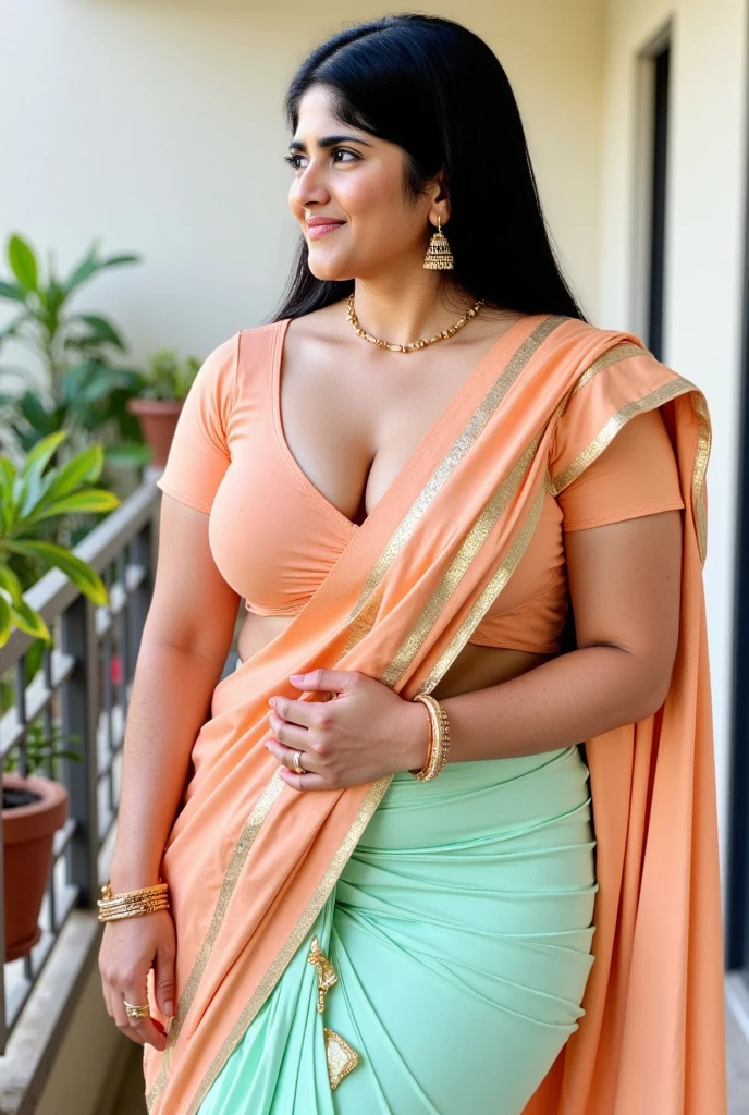 Anushka Shetty 26 years old beautiful different face cute sexy Indian girl, curvy figure, beautiful different colorful covered t-shirt blouse design Banarasi design saree, big m-cup tight breast, different hairstyle, bright eyes, thin eyebrows, fair skin, blushing cheeks, head to thigh view, smiling face, Kamasutra expression, Straight front view standing beautiful different meri Christmas village background, ultra realistic, head to thigh view, black hair, Provocative eye Contact, glossy lips, attractive eye contract face, oval cleavage