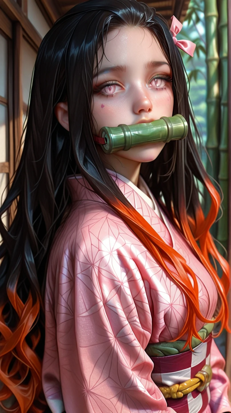 Masterpiece, best quality, high resolution, venus1, 1girl, solo, kamato nezuko, bamboo, brown hair, ((pink ribbon)) checkered belt, gag, gag, gradient hair, haori, japanese clothes, kimono, long hair, looking at the audience, pink eyes, pink kimono, pink ribbon, solo, frontal, seated, cute, puffed cheeks, angry, wide eyes