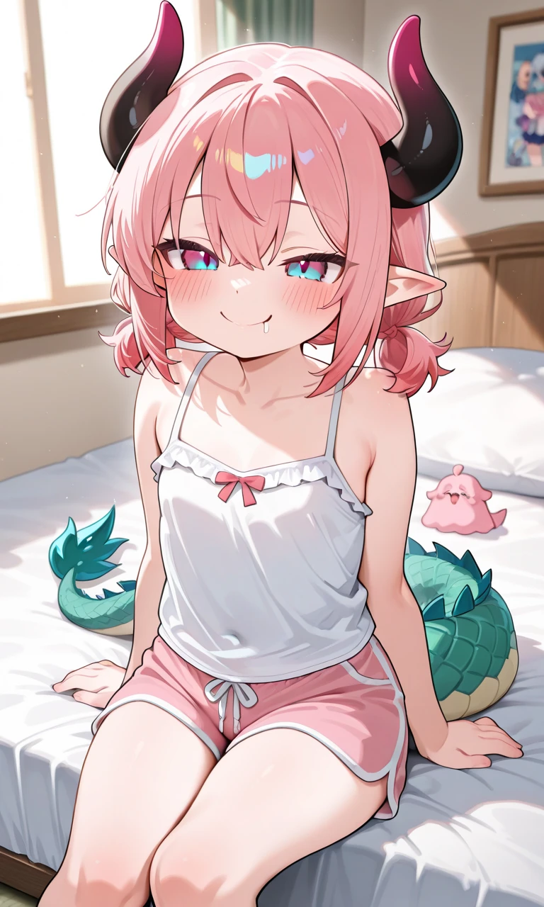 1girl,9s,???,smile,short hair,white hair,ahoge,lamia tail,white lamia tail,(white background),pointy ears,sleeveless,happy,cute,blush,eating a apple,portrait