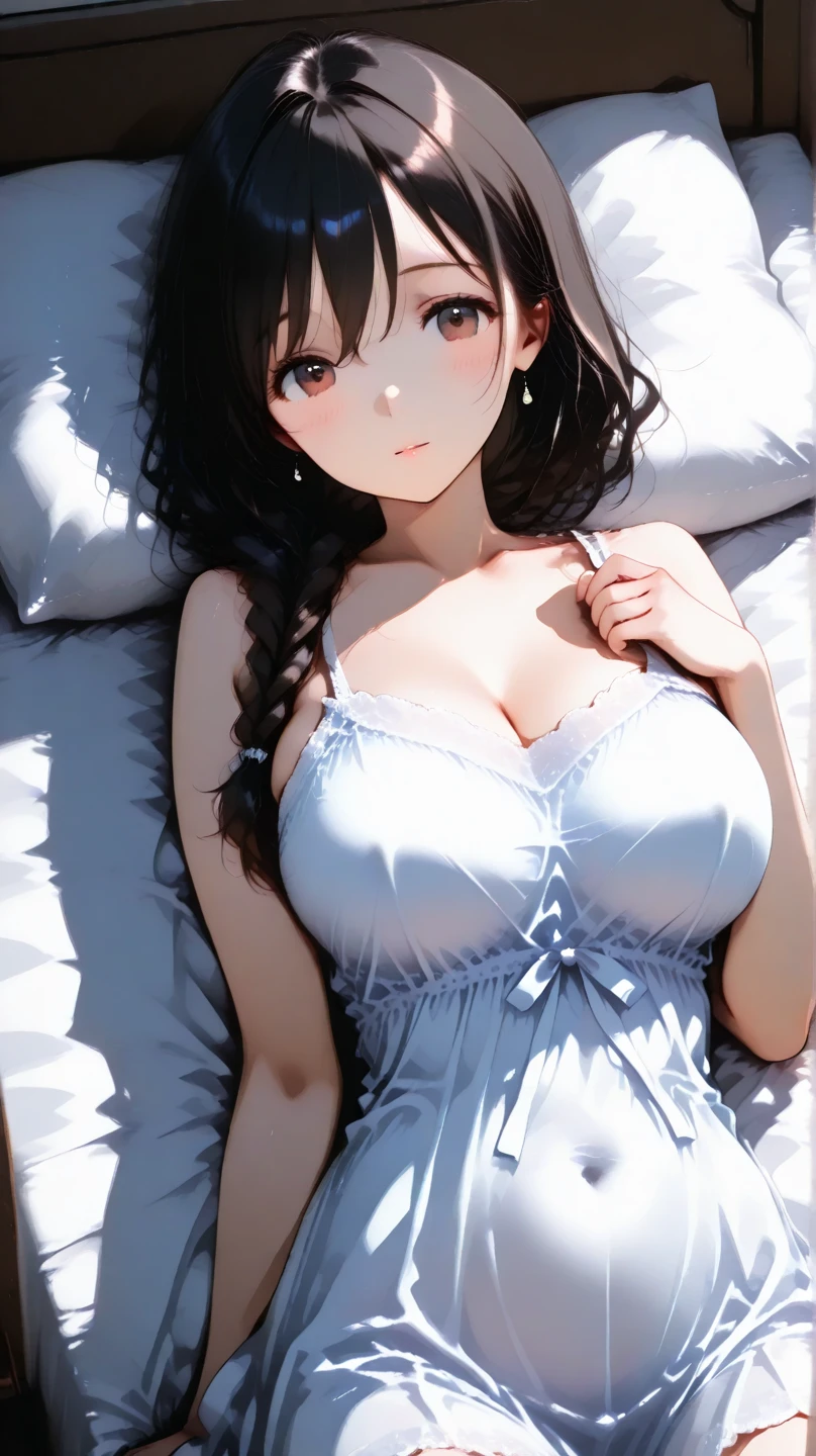 top-quality、lighting like a movie、1girl in、on the beds、Wearing a black frilled cami dress、Exposing the chest、embarrassed from、full of sweat、huge tit、
