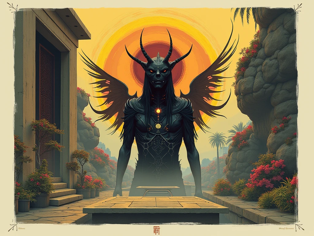 Design me a {Colossal Masterpiece, realistic oil painting, best quality, by Gustave Moreau, chiaroscuro, iridescent, holographic}, dramatic portrait of a male elven Garuda, ((his skin is deep yellow)). (((He is splattered in blood, displaying rainbow color wings, reclined on a throne in a jungle temple))).