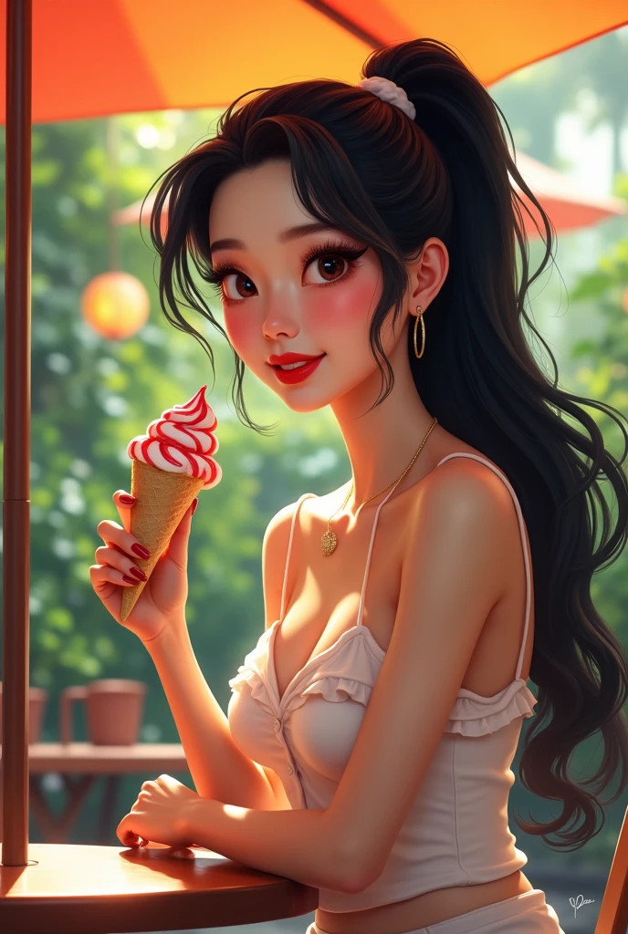 Draw a 3d woman character, long black hair, well dressed selling popsicles