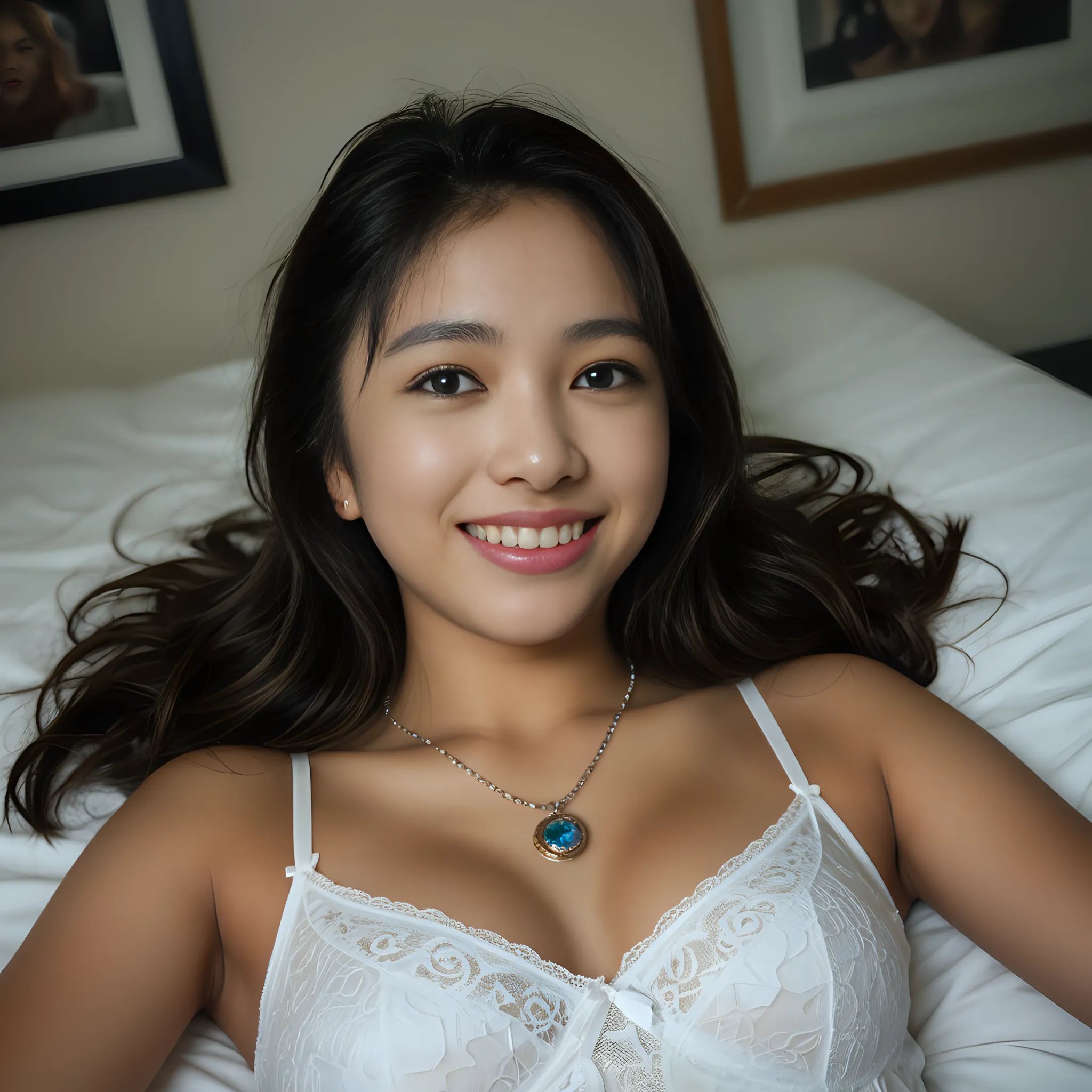 1girl, extremely cute face, Asian woman, Amazing face and eyes, (highly detailed eyes, highly detailed face), Fresh, very clean appearance, (hyper-realistic, height resolution), (best Quality:1.4), Raw photo, (Realistic, Photorealsitic:1.37), Professional Photography, Cinematic Light, (floral pattern nightgown:1.25), (amazing big breasts:1.1), big cleavage, (open nightgown), (bare shoulders), Smile slightly, (Lying face up in the futon:1.5), (staring at me), Bedroom, futon, pillow, relaxing, taniaayusiregar, full shot
