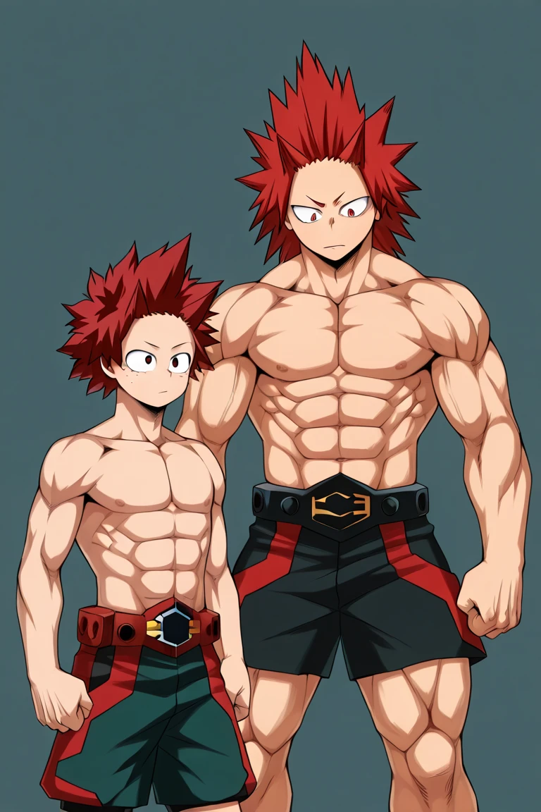 2boys, full body, male focus, muscular male, best quality, amazing quality, best aesthetic, absurdres, chilling at the beach, gay couple, official style, year 2023, game cg, looking at viewer, happy, looking at each others bellies, together on picture, yaoi, gay couple, emphasizing the extraordinary size of pregnant belly, pregnant belly, wet with milk dripping, (bakugou katsuki), Eijiro Kirishima red riot, boku no hero academia, nipples, arms back of head, wearing black short underwear, grin.