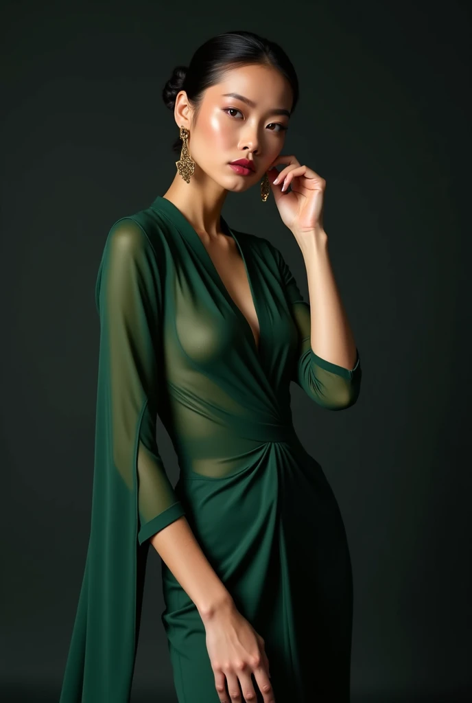 ((Top Quality, 8k, Masterpiece: 1.3)), (BRAV5:1.5)), Japan 1 Woman, (((Full Body Photo: 2.0)), Full Body Portrait, Shot from Below, (Nipple Shadow: 1.8), Nipple Shadow, Beautiful Girl with Slender Emphasis: 1.3, , (Very Thin Waist), Thin Waist, (Hairstyle Short, Small Breasts: 1.2), ( Very Slender Abs: 1.1)), (( Dark green turtleneck halter neck: 2.6, off-shoulder long dress with floral pattern: 3.5, satin fabric, gold embroidery on the chest: 2.5)), headband with a gold ornament, (nipple shadow: 1.3), outdoor, ultra-detailed face, detailed eyes, double eyelids,